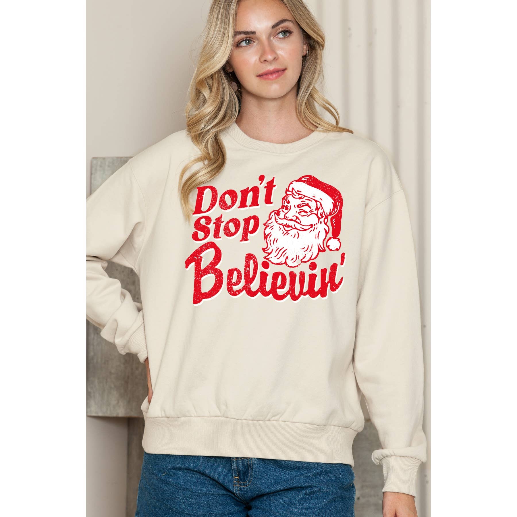 Dont Stop Believin Santa Crewneck Sweatshirt T-Shirts, Hoodie | PodTeesHub.com
