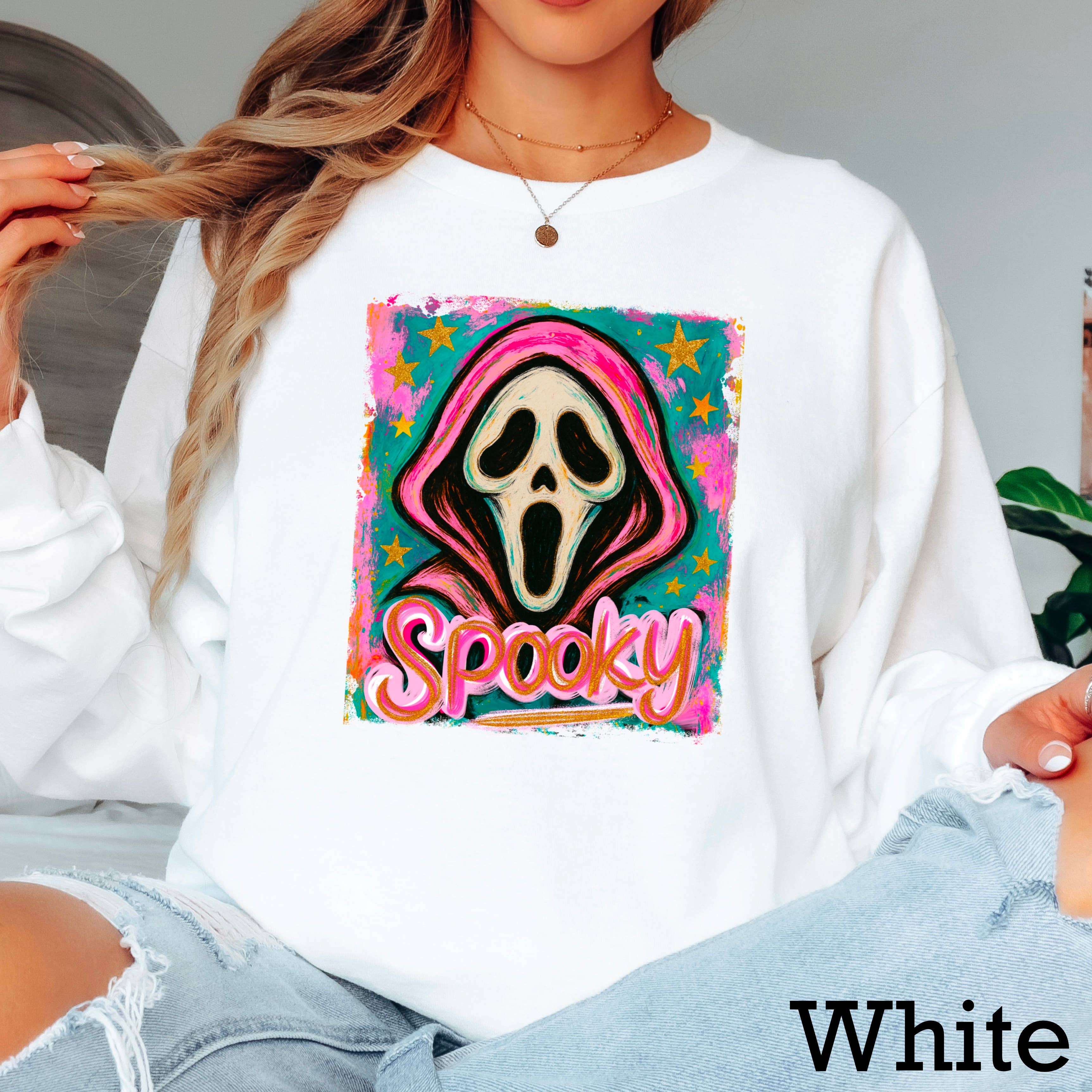Halloween 2025 Spooky  Ghost Long Sleeve Shirt | Gildan Hoodie, Sweatshirt | PodTeesHub.com
