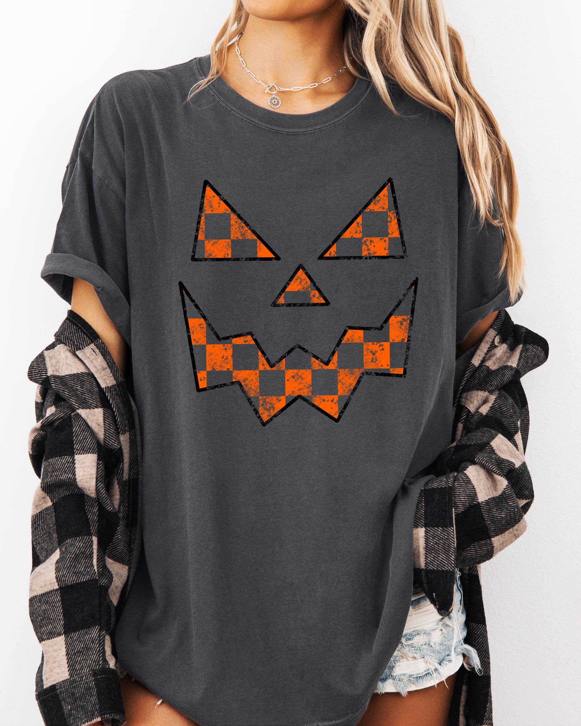 Spooky Jack-O-Lantern, Halloween, Pumpkin, Checkered Shirt Hoodie, Sweatshirt | PodTeesHub.com