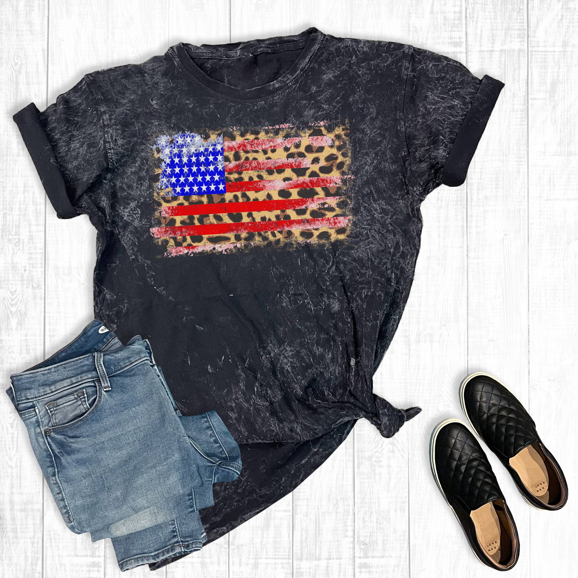 July 4th American Leopard Flag Mineral Wash Graphic Tee Hoodie, Sweatshirt | PodTeesHub.com