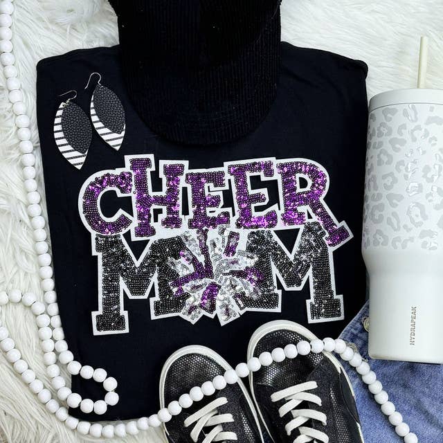 Purple Sequin Cheer Mom Patch Black Everyday Tee Hoodie, Sweatshirt | PodTeesHub.com