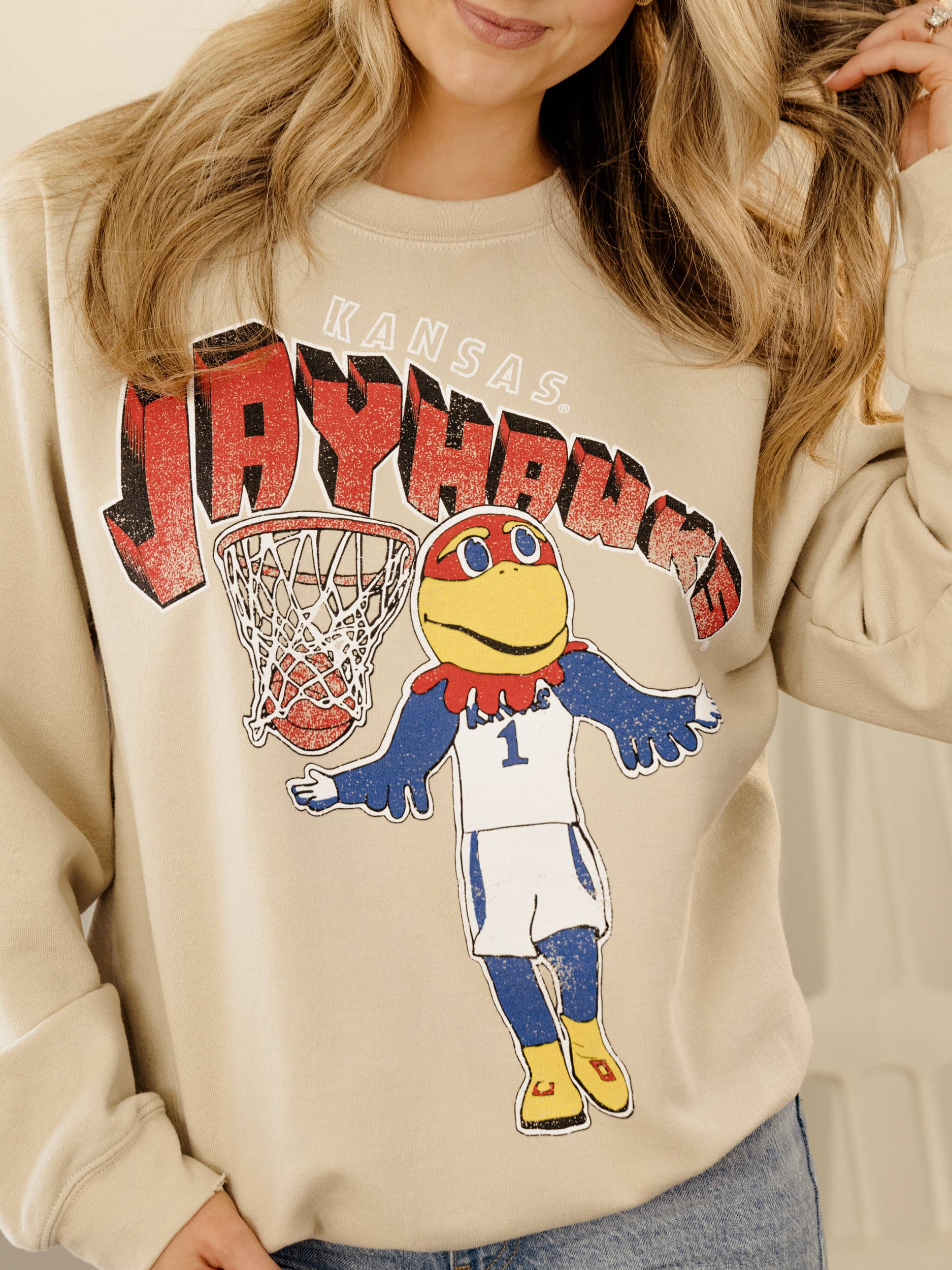 Ku Jayhawks Basketball Mascot Dunk Sand Thrifted Sweatshirt T-Shirts, Hoodie | PodTeesHub.com