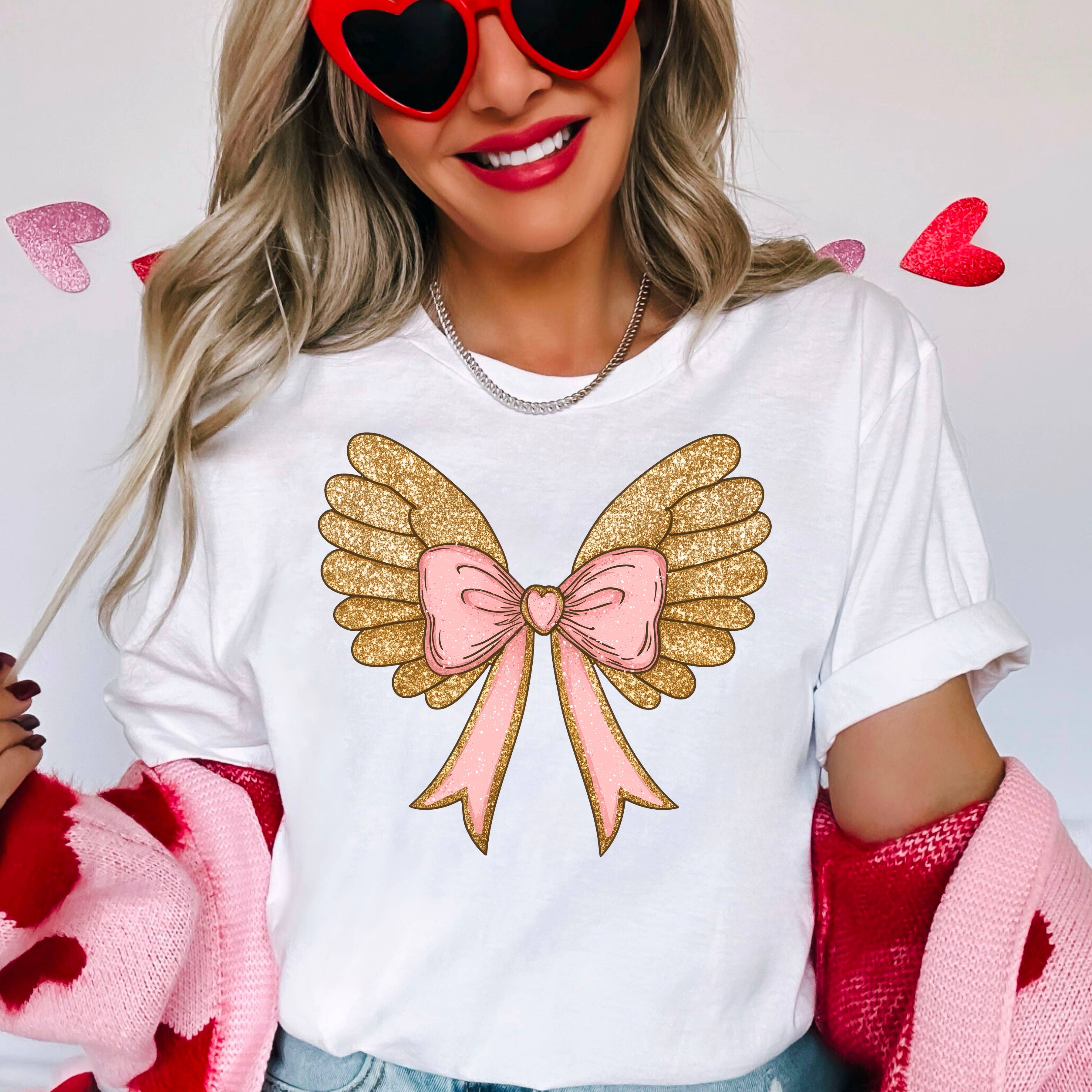 Coquette Angel Wings Faux Glitter Graphic Tee | Gildan Hoodie, Sweatshirt | PodTeesHub.com