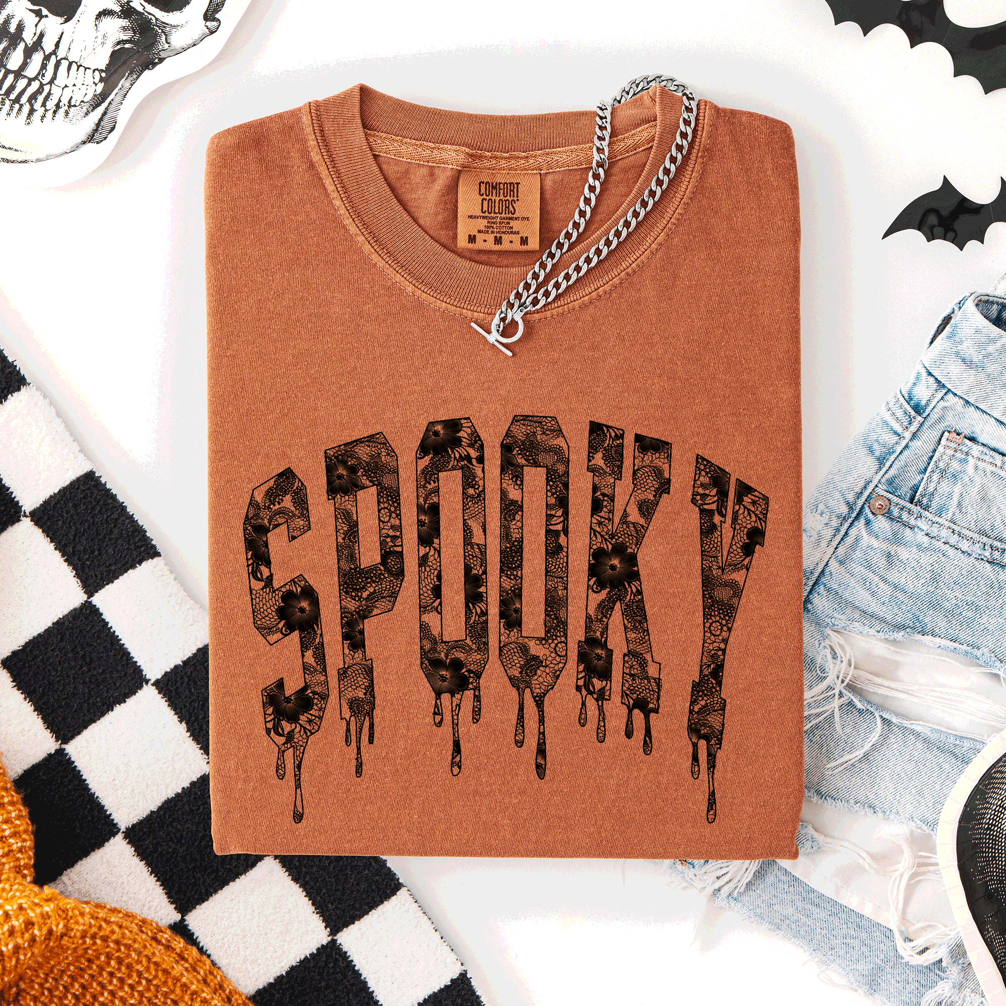 Spooky, Faux Lace, Halloween Coquette Comfort Colors T-Shirt Hoodie, Sweatshirt | PodTeesHub.com