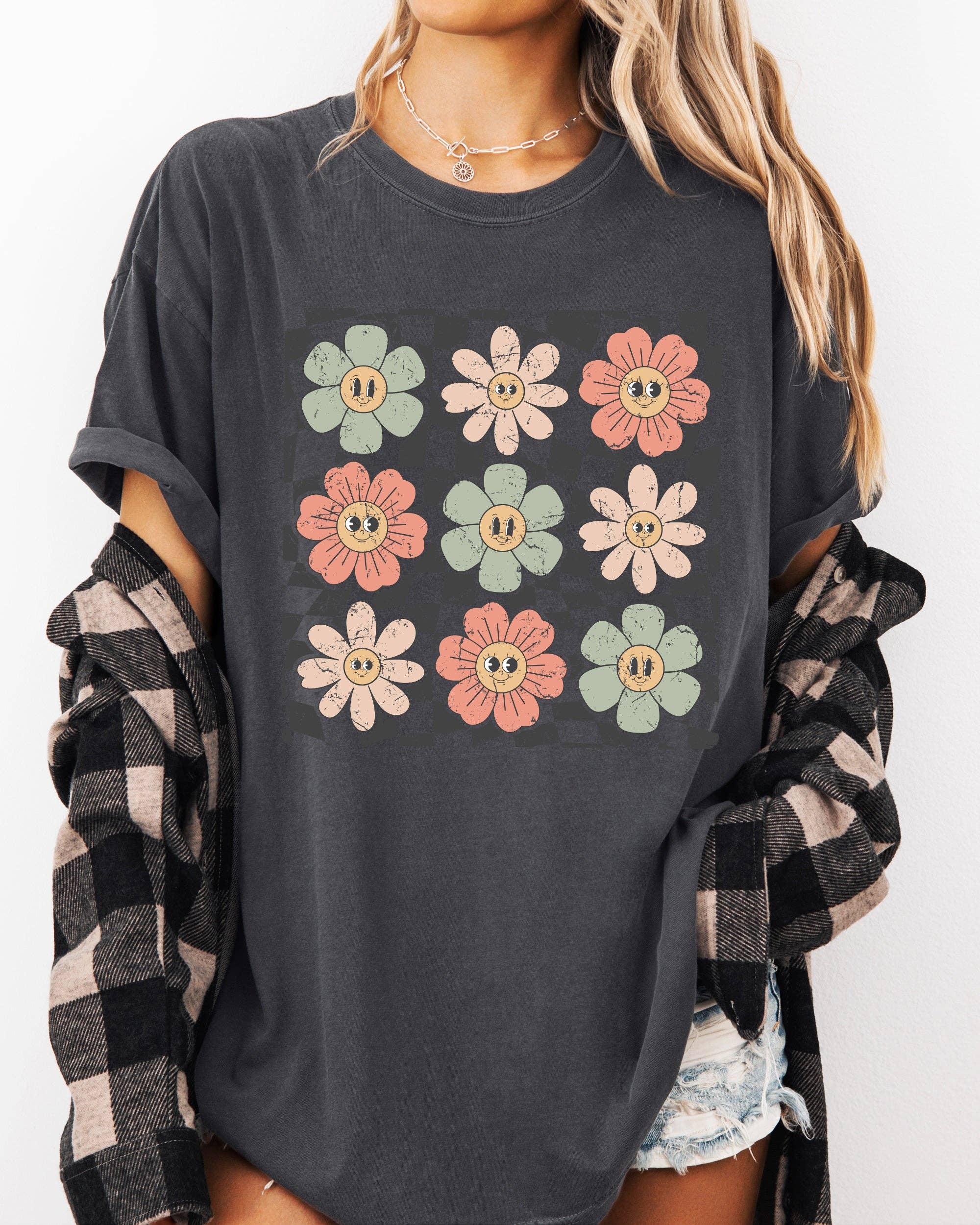 Retro Flowers, Checkered, Daisies, Hippie, Positivity Shirt Hoodie, Sweatshirt | PodTeesHub.com
