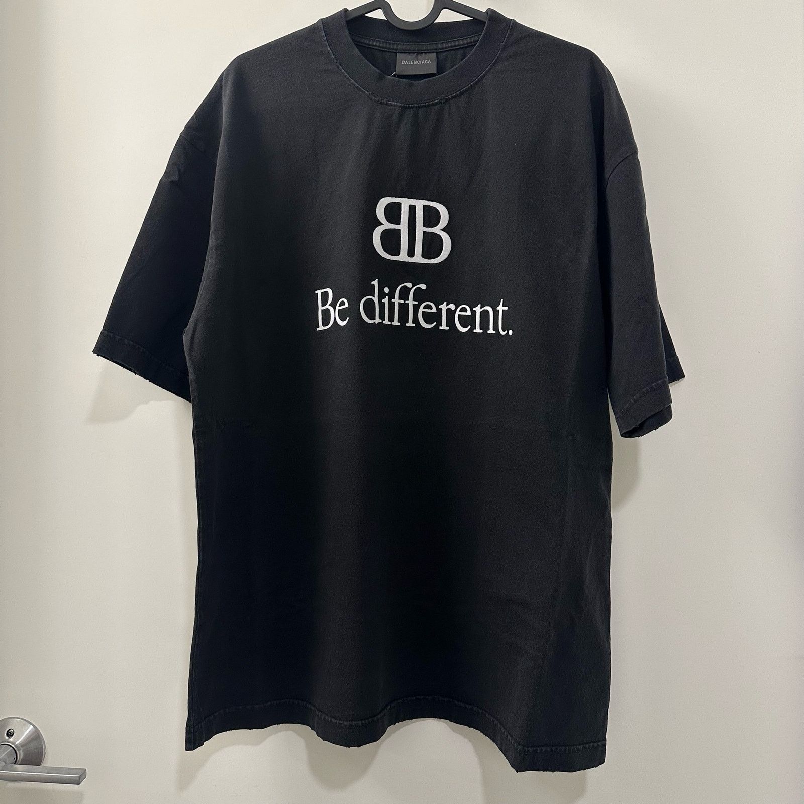 Balenciaga Nwt Unisex Be Different Distressed Embroidered Logo Bb Tee Hoodie, Sweatshirt | PodTeesHub.com