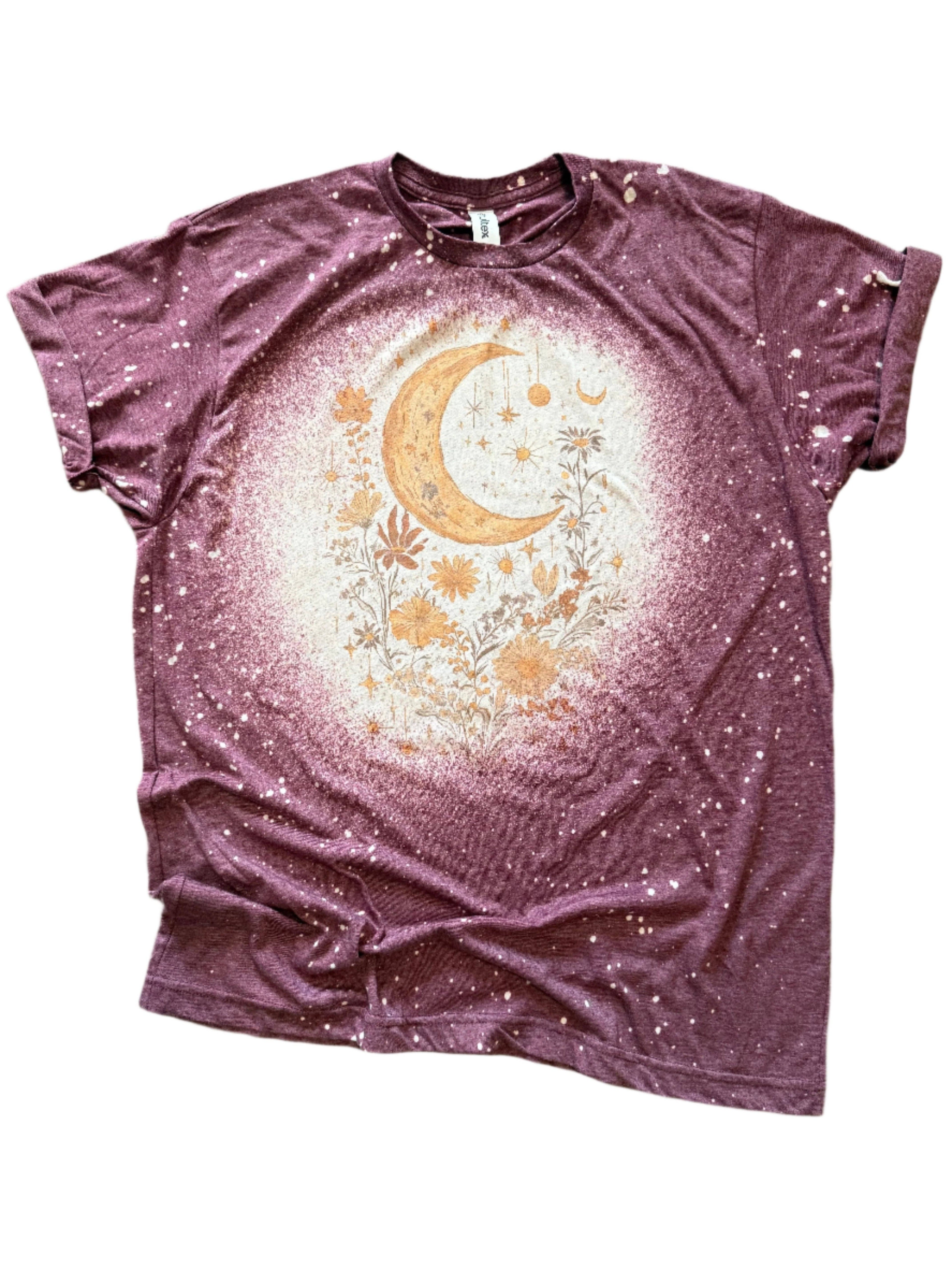 Boho Crescent Moon + Florals Bleached Tee Hoodie, Sweatshirt | PodTeesHub.com