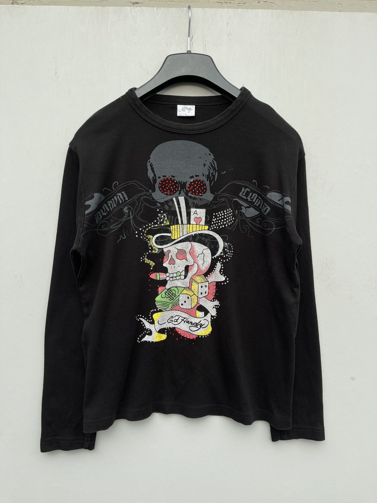 Affliction Ed Hardy Big Print Rhinestones Y2k Street Style Long Sleeve T-Shirts, Hoodie, Sweatshirt | PodTeesHub.com