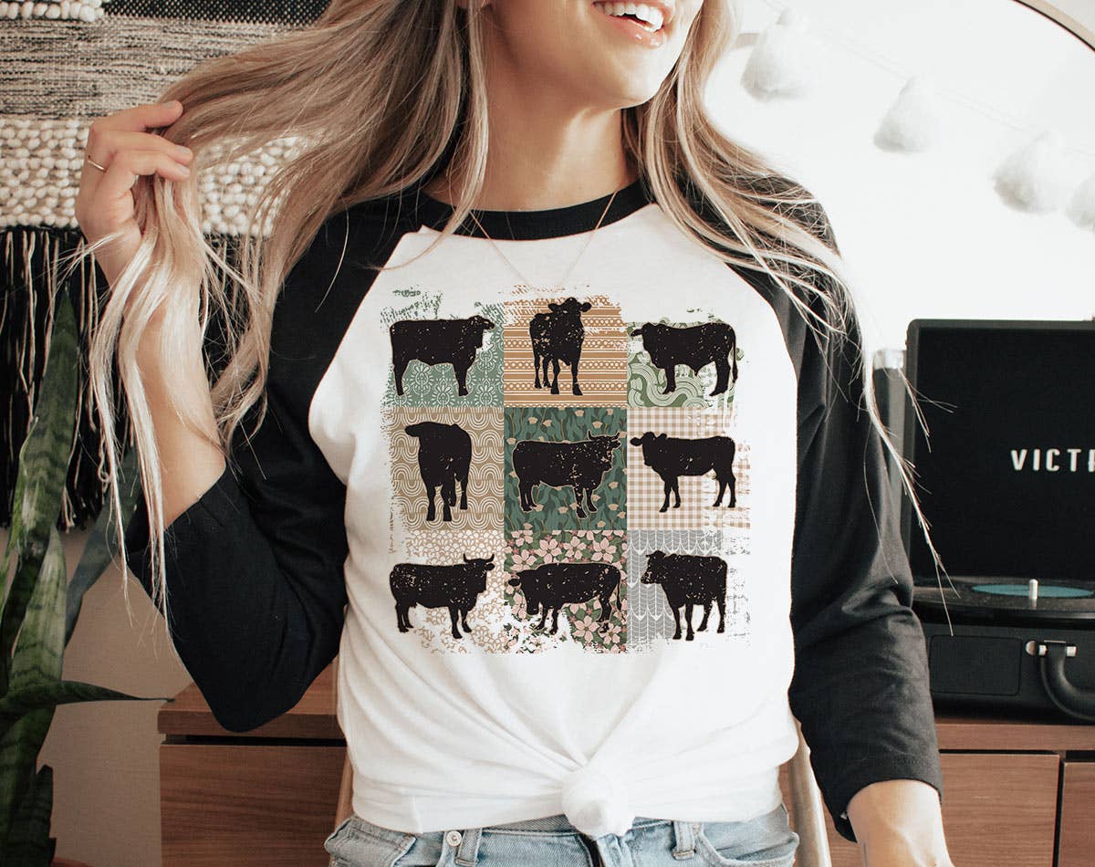 Cow Quilt Art - Boho Western Baseball T-Shirt Hoodie, Sweatshirt | PodTeesHub.com