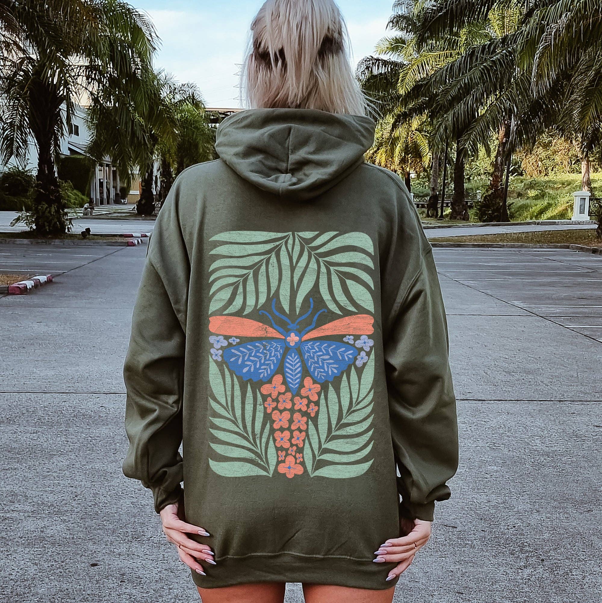 Tropical Butterfly and Palm Design, Boho Print Hoodie T-Shirts, Sweatshirt | PodTeesHub.com