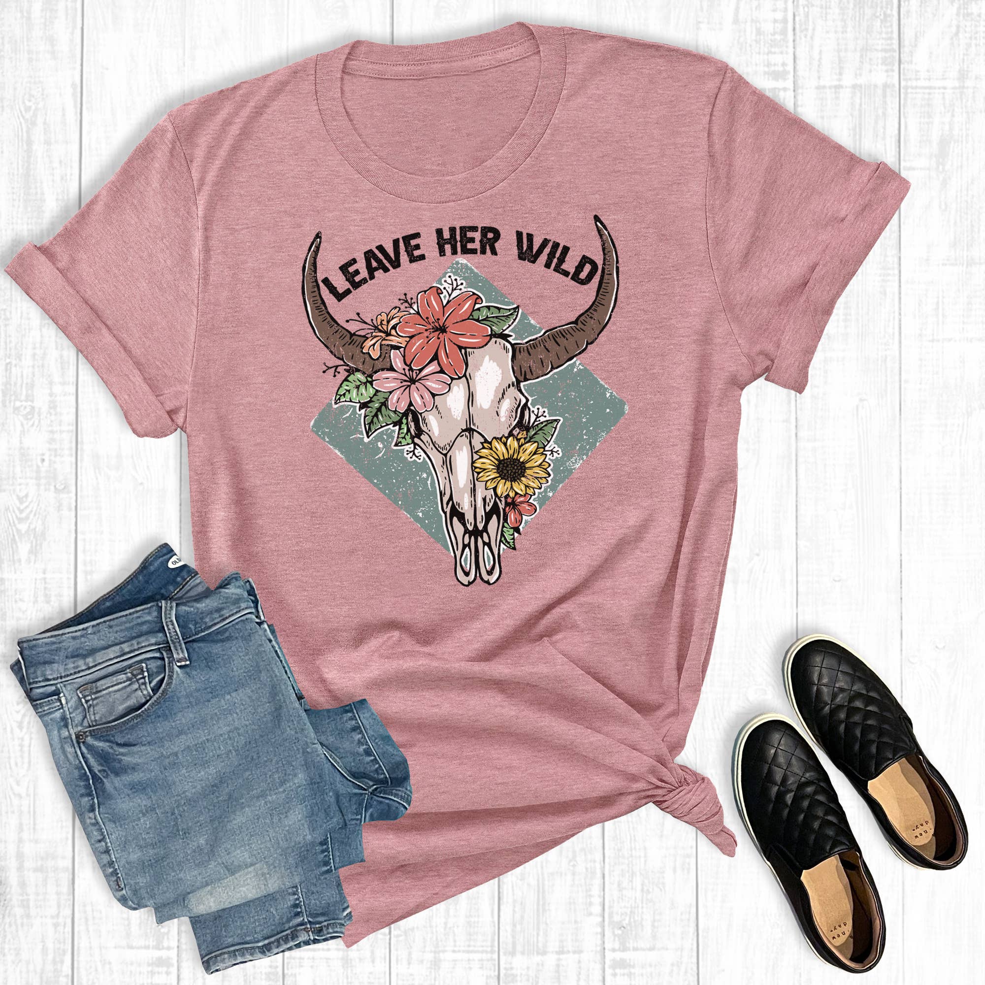 Western Leave Her Wild Cowskull Graphic Tee Hoodie, Sweatshirt | PodTeesHub.com