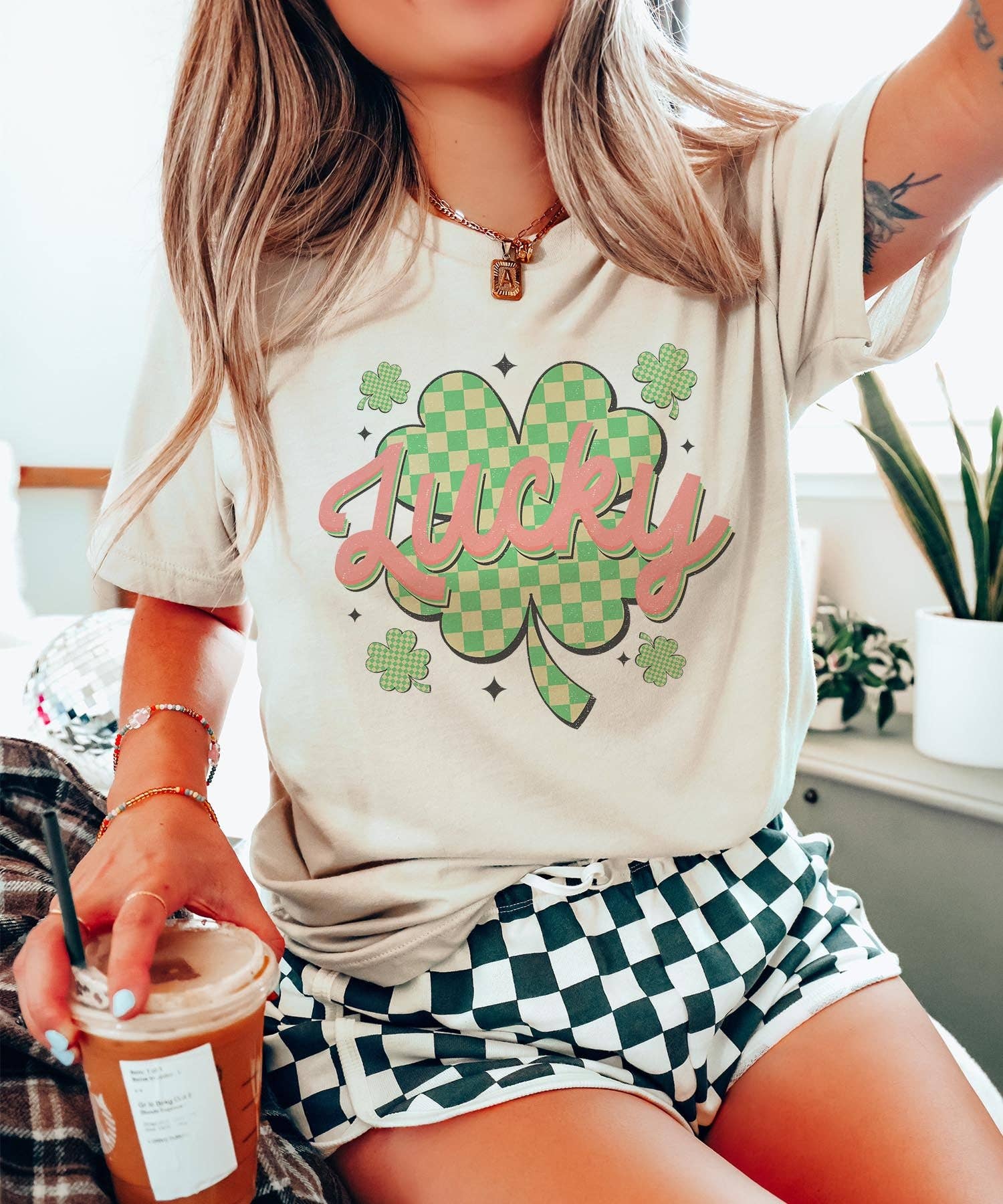 Checkered Shamrock Lucky - Cream Tee Hoodie, Sweatshirt | PodTeesHub.com