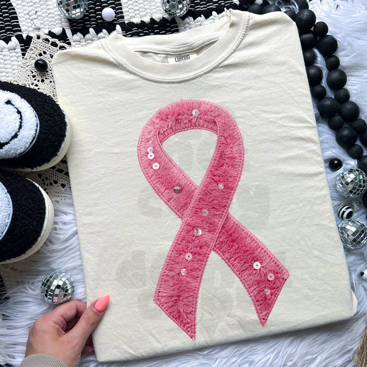 Faux Yarn Breast Cancer Awareness Ribbon Tee Hoodie, Sweatshirt | PodTeesHub.com
