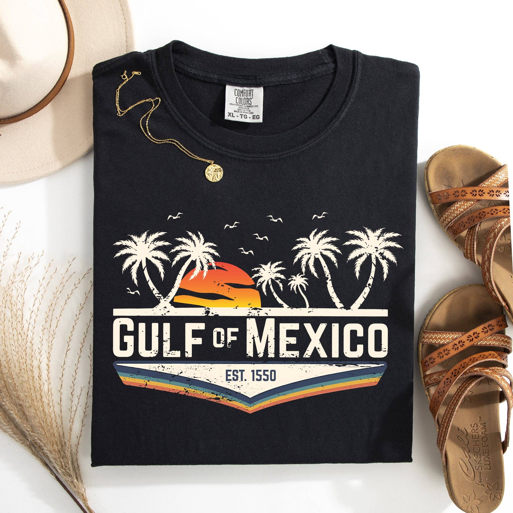 Retro Gulf of Mexico, Vintage Birds, Beach Palm Trees Tshirt Hoodie, Sweatshirt | PodTeesHub.com