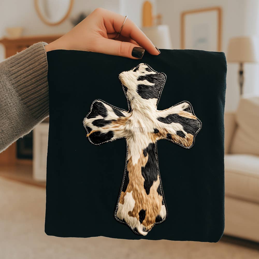 Faux Patch Cowhide Western Cross Tee Hoodie, Sweatshirt | PodTeesHub.com