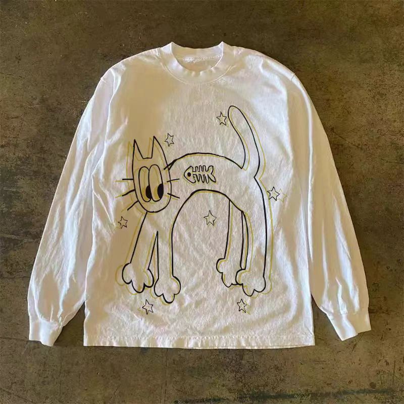 Vintage White Washed Retro Cartoon Cat Print Long Sleeved T-Shirts, Hoodie, Sweatshirt