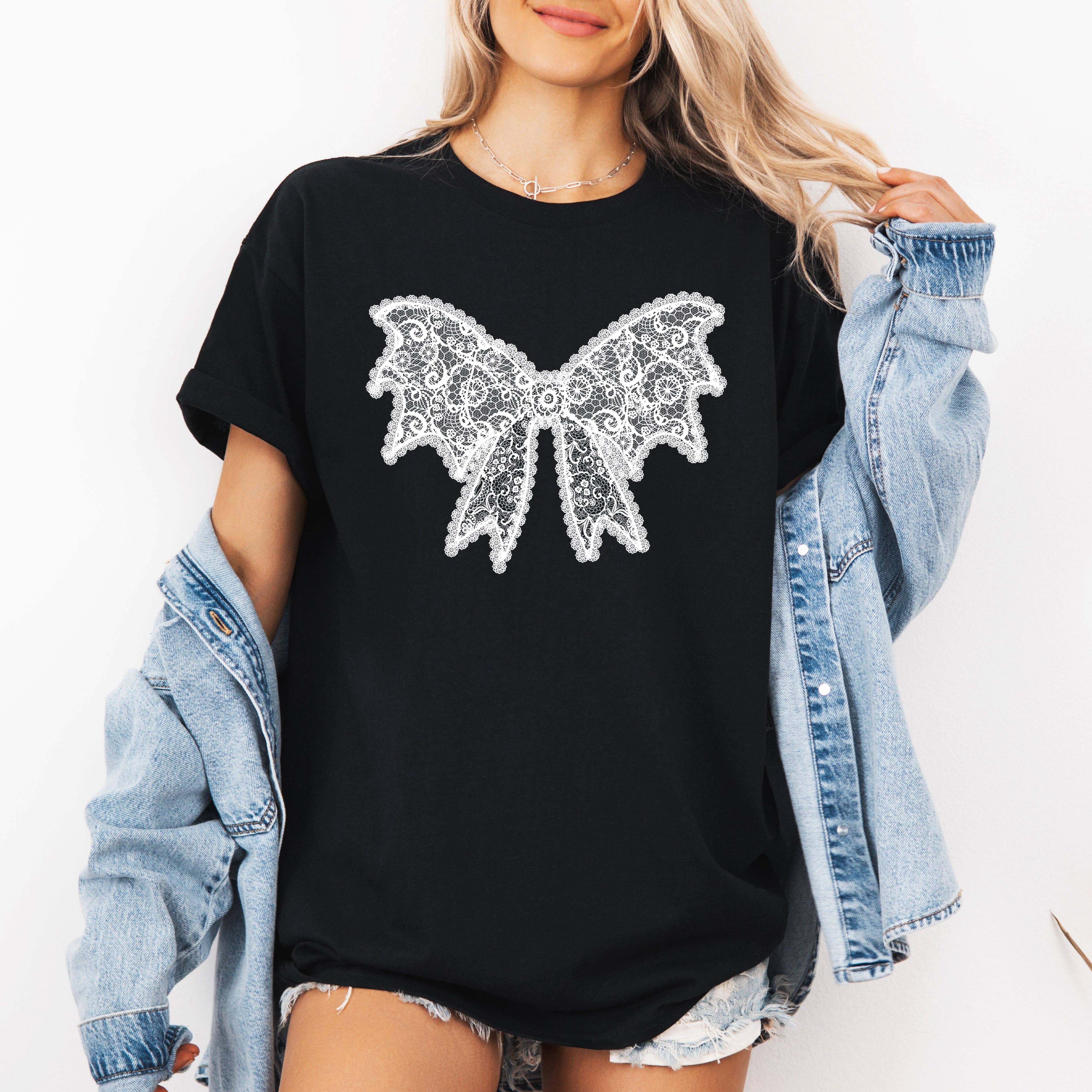 Lace Bow, Halloween, Goth, Faux Lace, Ribbon Coquette Tshirt Hoodie, Sweatshirt | PodTeesHub.com