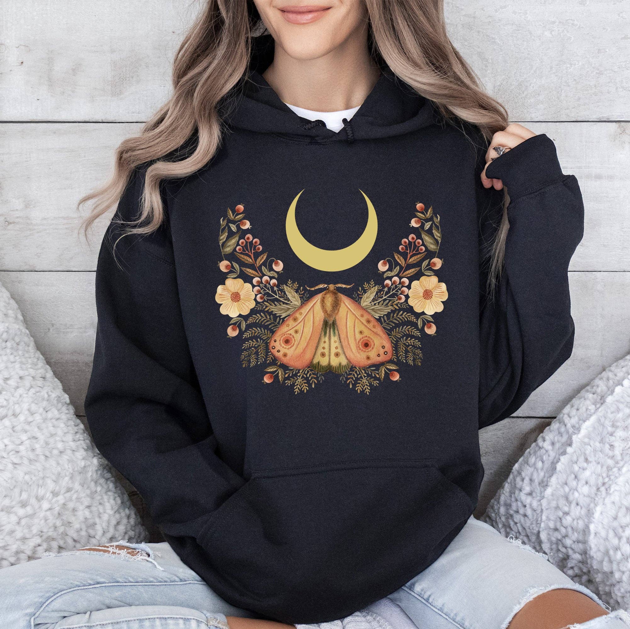 Mystical Moth and Moon, Enchanted Floral Night Sky Hoodie T-Shirts, Sweatshirt | PodTeesHub.com