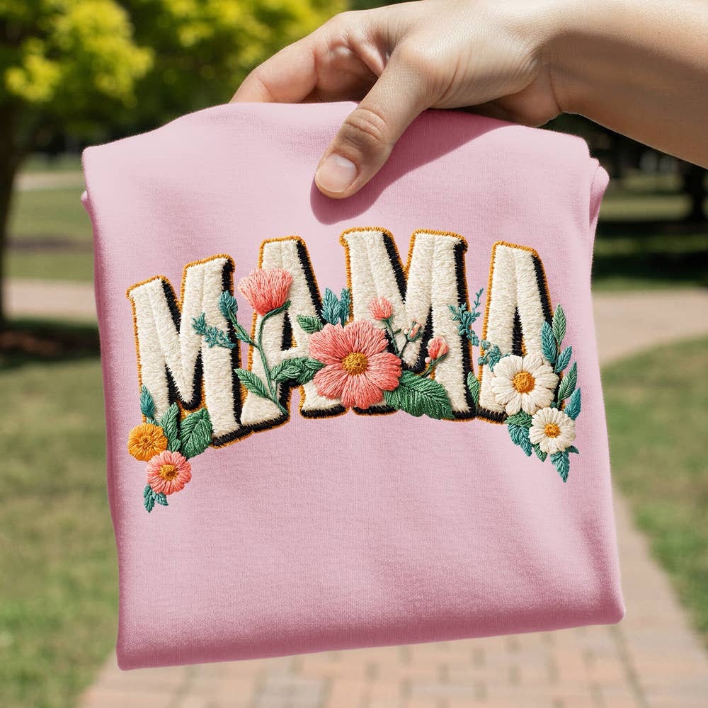 Faux Embroidery Floral Mama Tee Hoodie, Sweatshirt | PodTeesHub.com