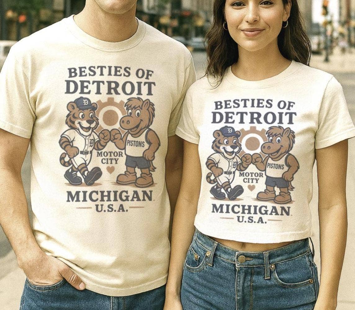 Vintage Detroit Besties Tee with Tigers & Pistons Mascots Hoodie, Sweatshirt | PodTeesHub.com