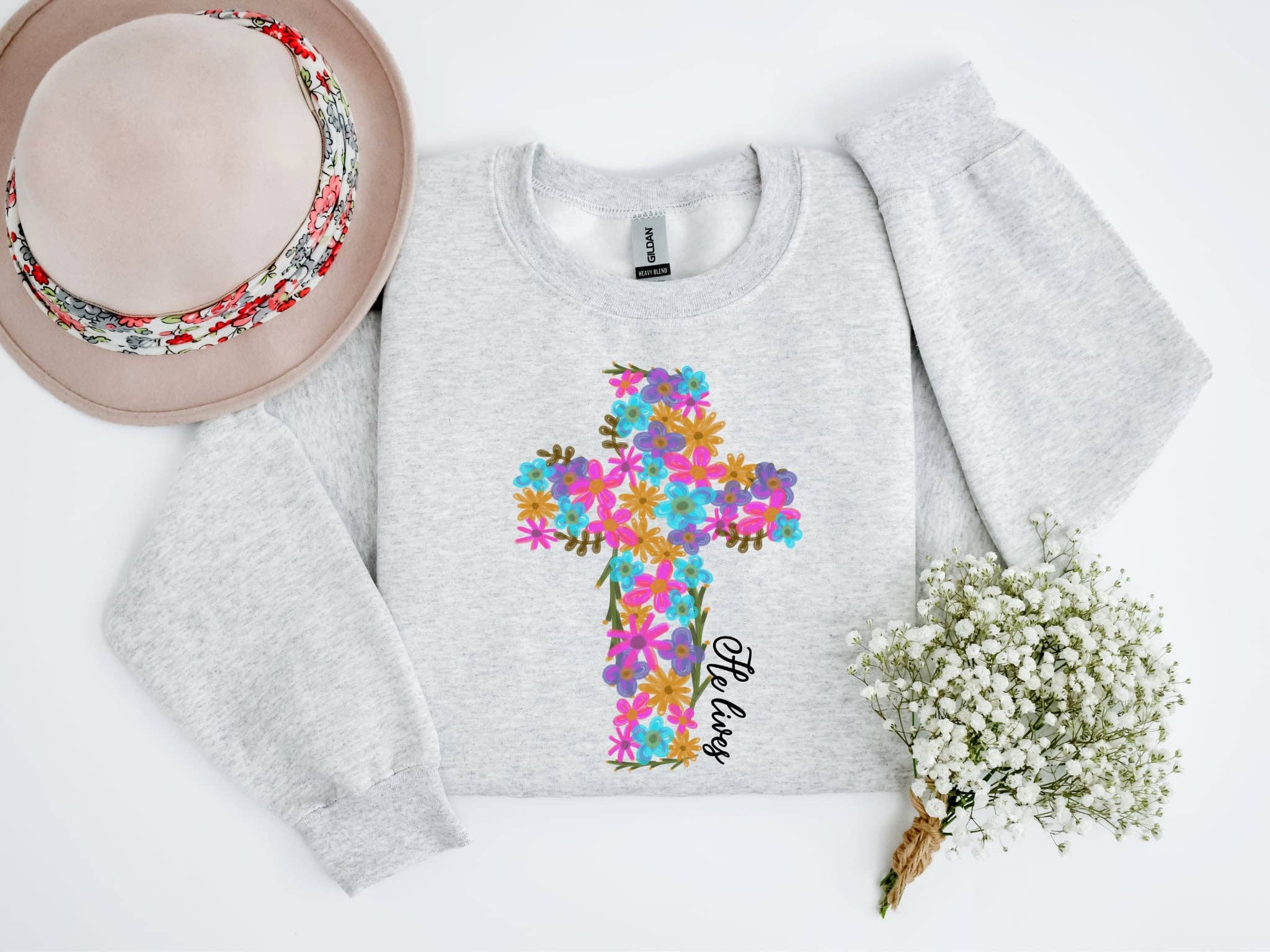 New He Lives Grey Spring Easter Faith Graphic Sweatshirt T-Shirts, Hoodie | PodTeesHub.com