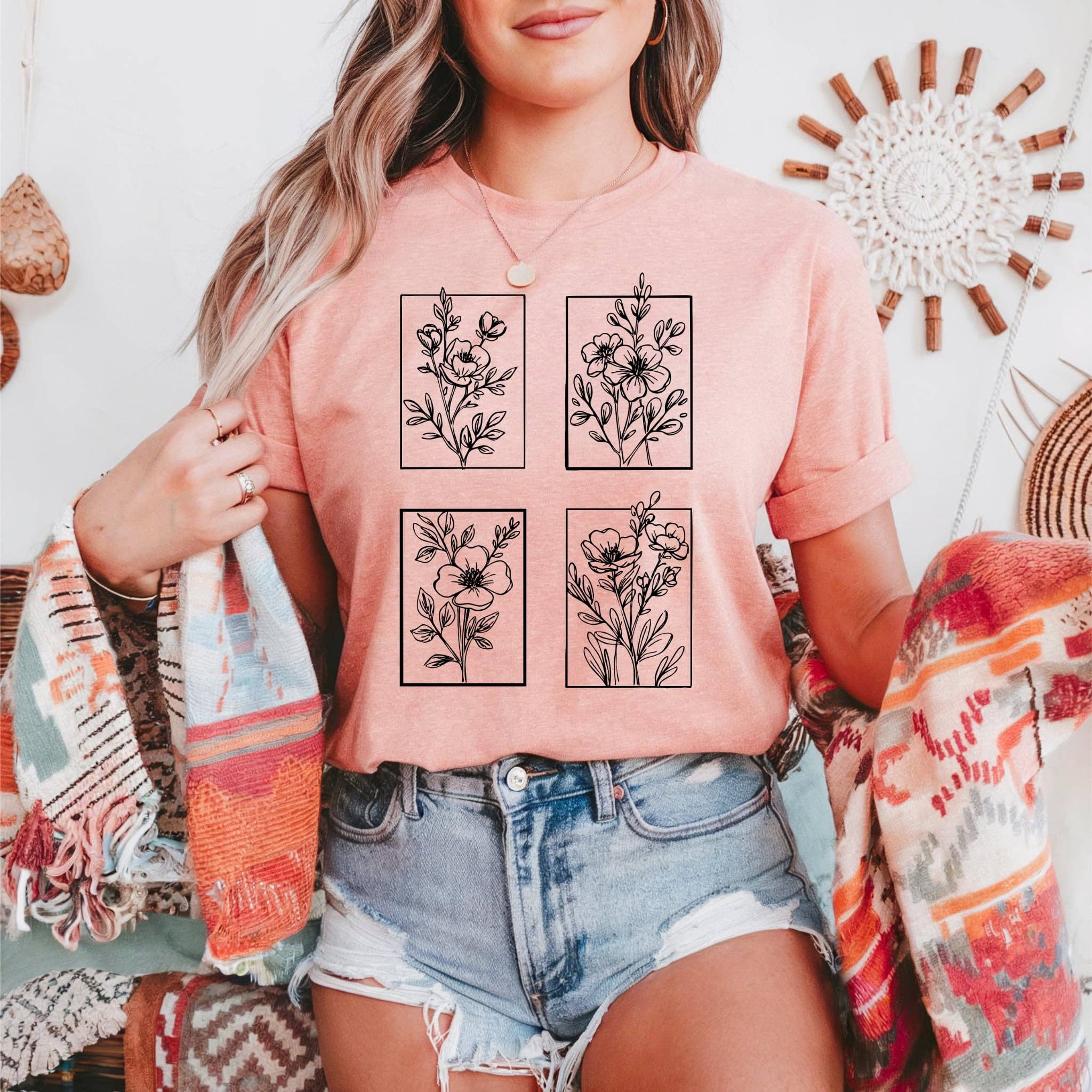 New Spring Wildflowers Collage Peach Bella Graphic Tee Hoodie, Sweatshirt | PodTeesHub.com