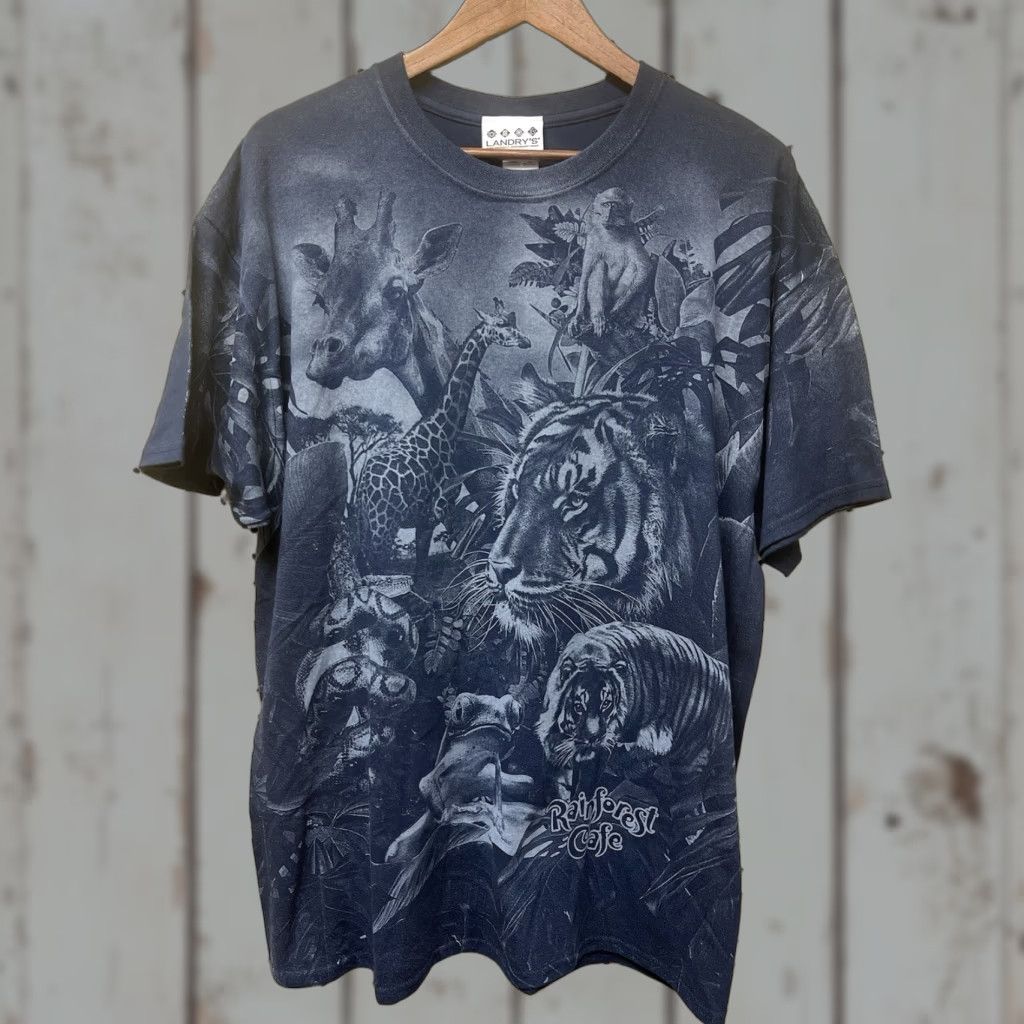 Vintage Rainforest Cafe T Shirt Xl Blue Animals Graphic Print Crew Neck Short Sleeve Mens No Hoodie, Sweatshirt