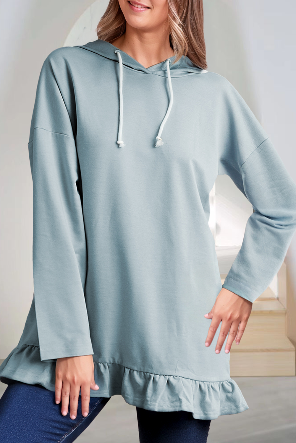 Solid Ruffled Hem Loose Fit Tunic Hoodie (S-Xl) T-Shirts, Sweatshirt | PodTeesHub.com