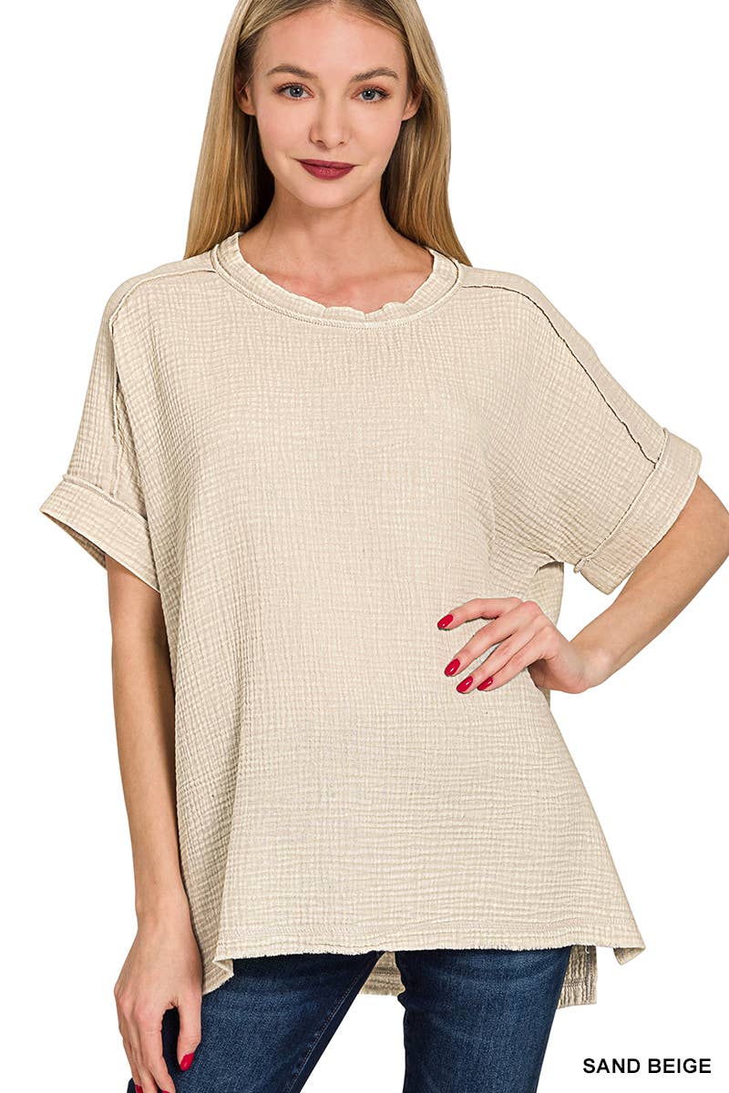 .SI-27649 Acid Washed Double Gauze Cuffed Short Sleeve Tee Hoodie, Sweatshirt | PodTeesHub.com