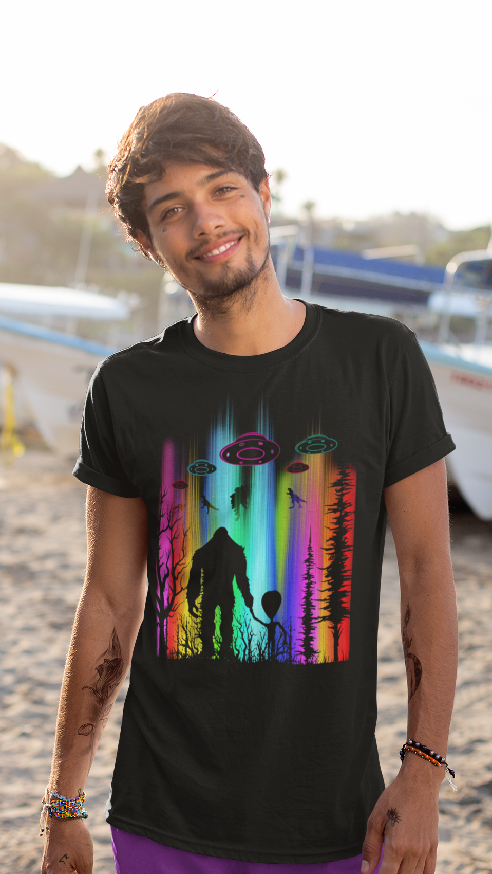 Colorful Night Ufo Alien Bigfoot Tshirt (Black) Hoodie, Sweatshirt | PodTeesHub.com