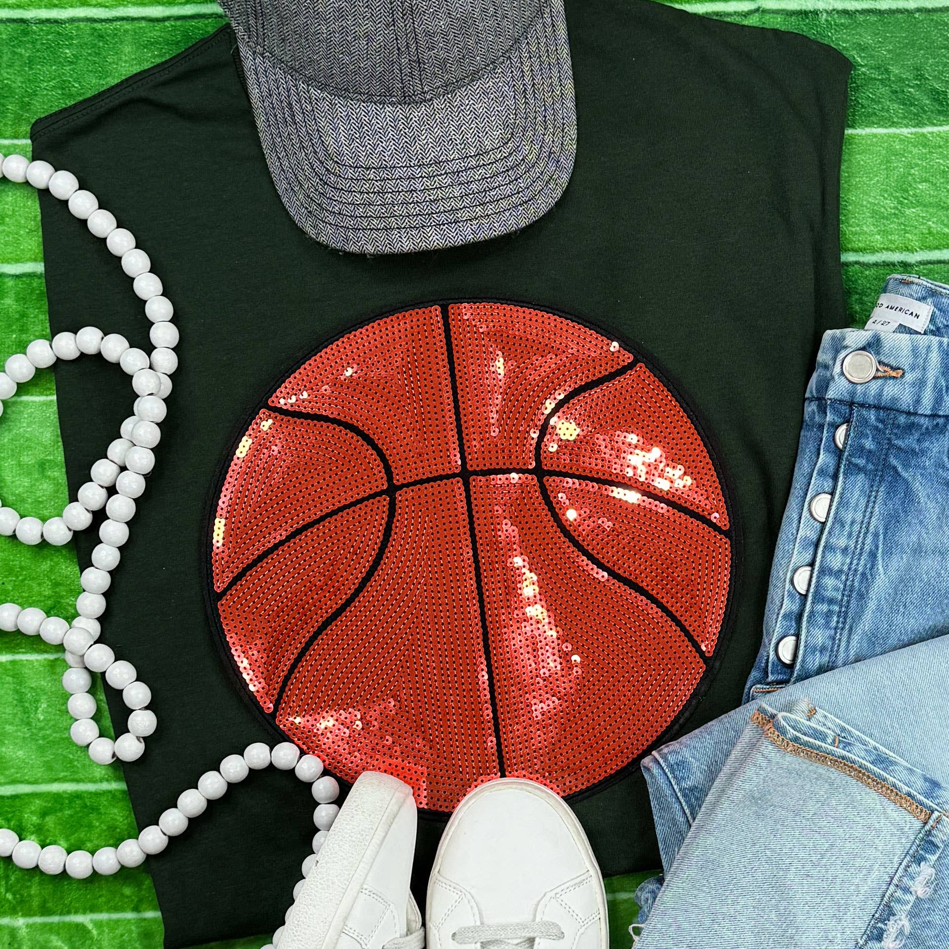 Sequin Basketball Chenille Patch Forest Green Everyday Tee Hoodie, Sweatshirt | PodTeesHub.com