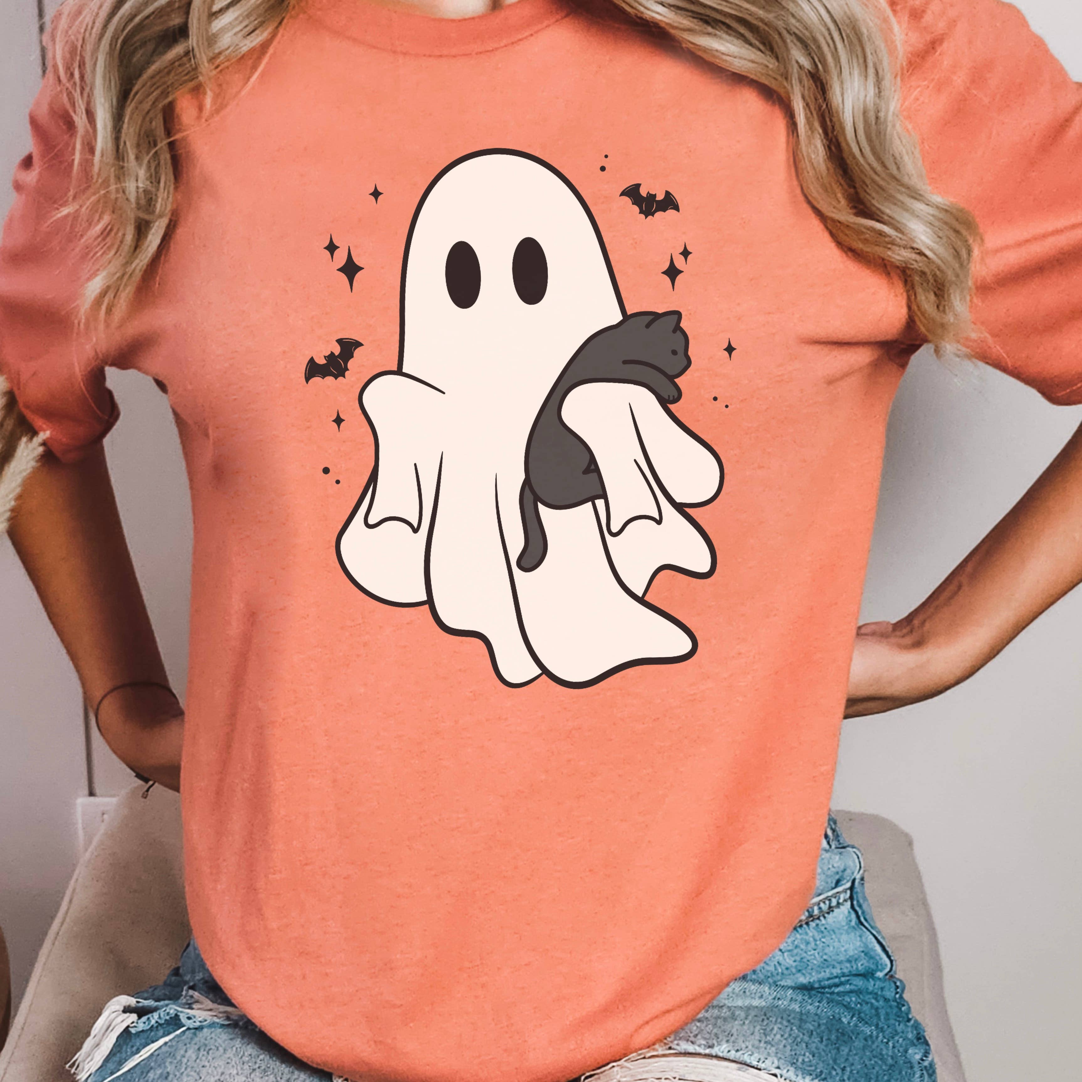 Halloween 2025 Ghost & Cat  Graphic Tee  | Bella Canvas Hoodie, Sweatshirt | PodTeesHub.com