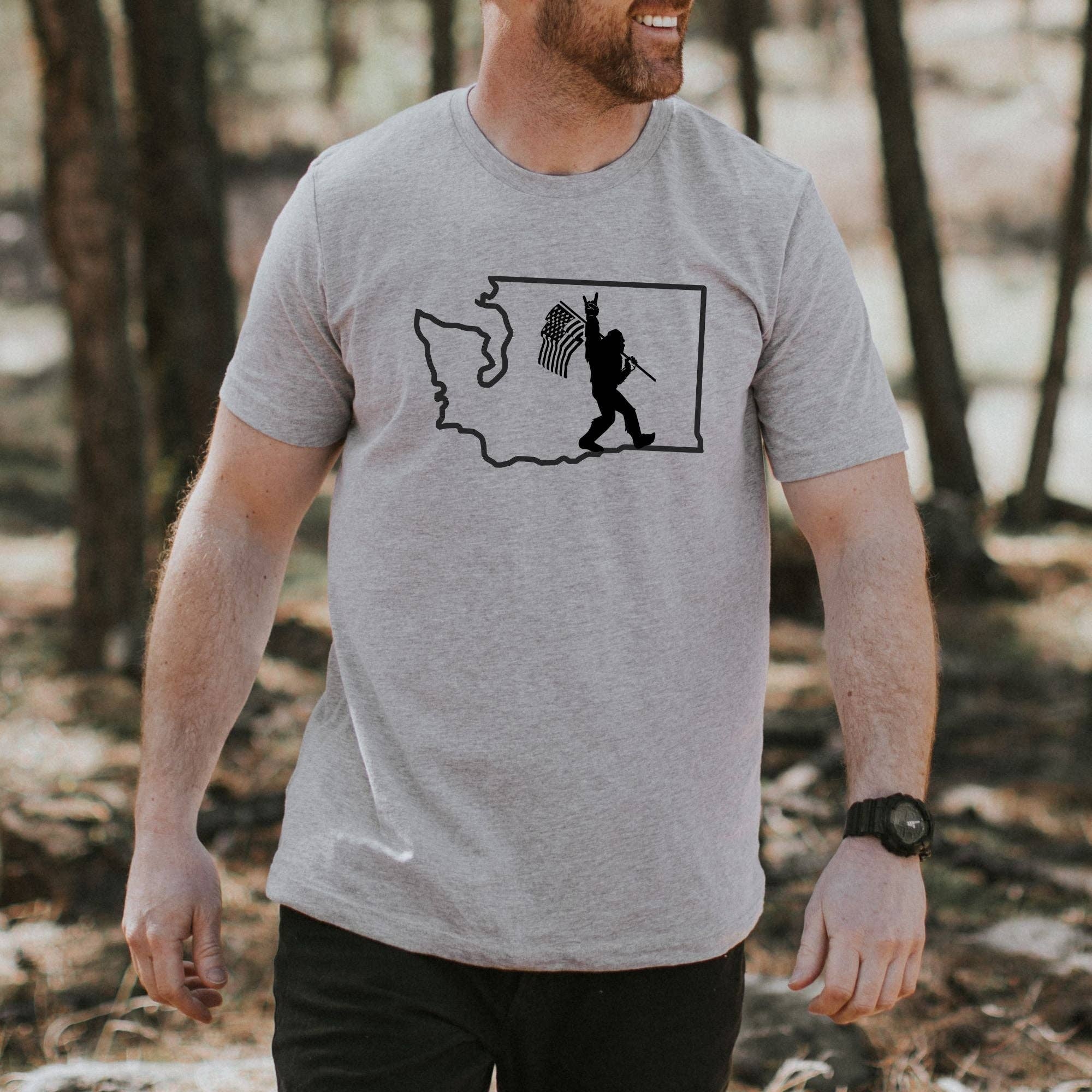 Bigfoot with Flag Washington Unisex Shirt Hoodie, Sweatshirt | PodTeesHub.com