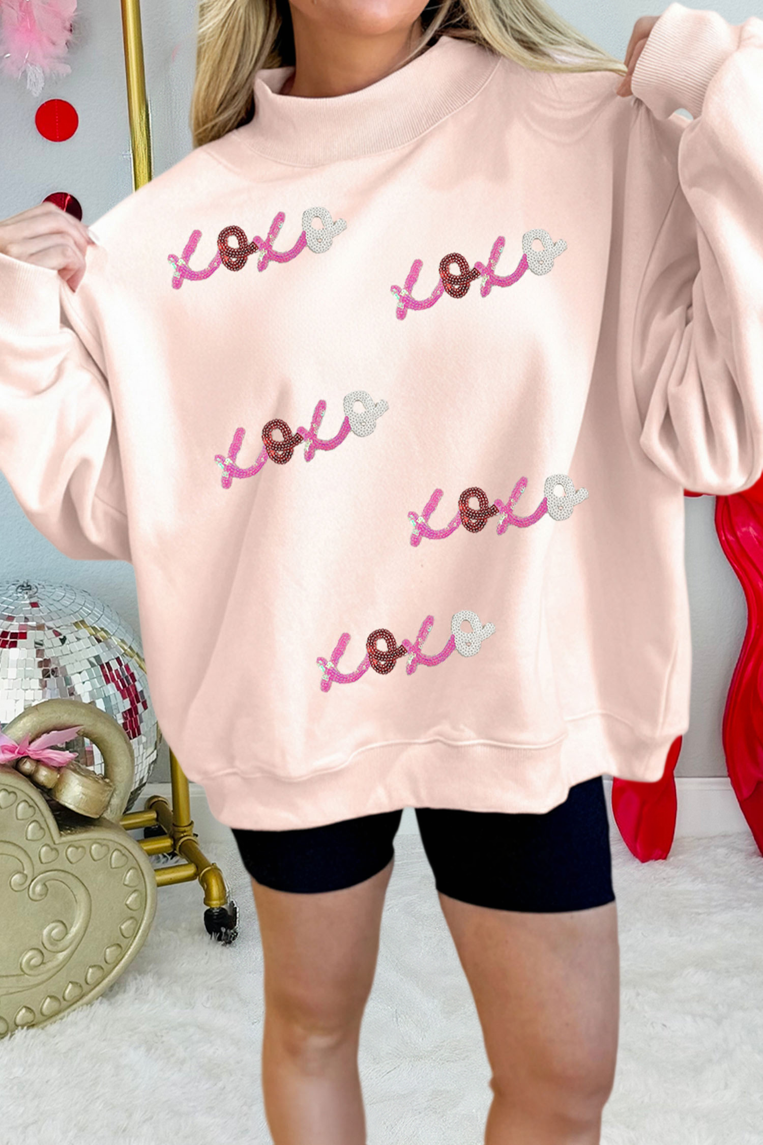 Sequin Xoxo Patched Mock Neck Oversize Sweatshirt T-Shirts, Hoodie | PodTeesHub.com