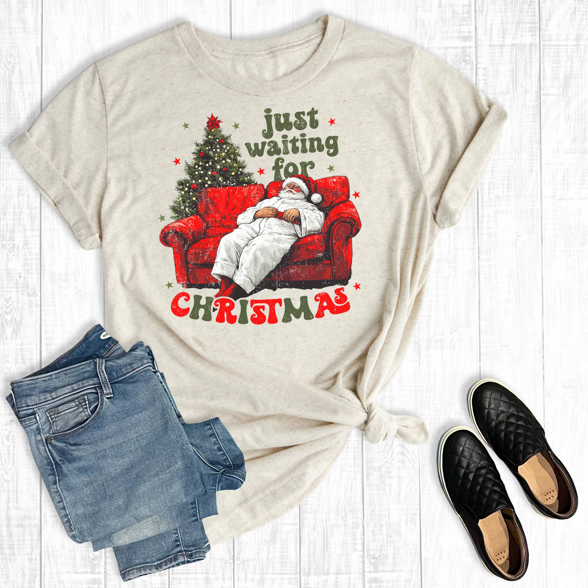 Just Waiting For Christmas Santa Graphic Tee Hoodie, Sweatshirt | PodTeesHub.com
