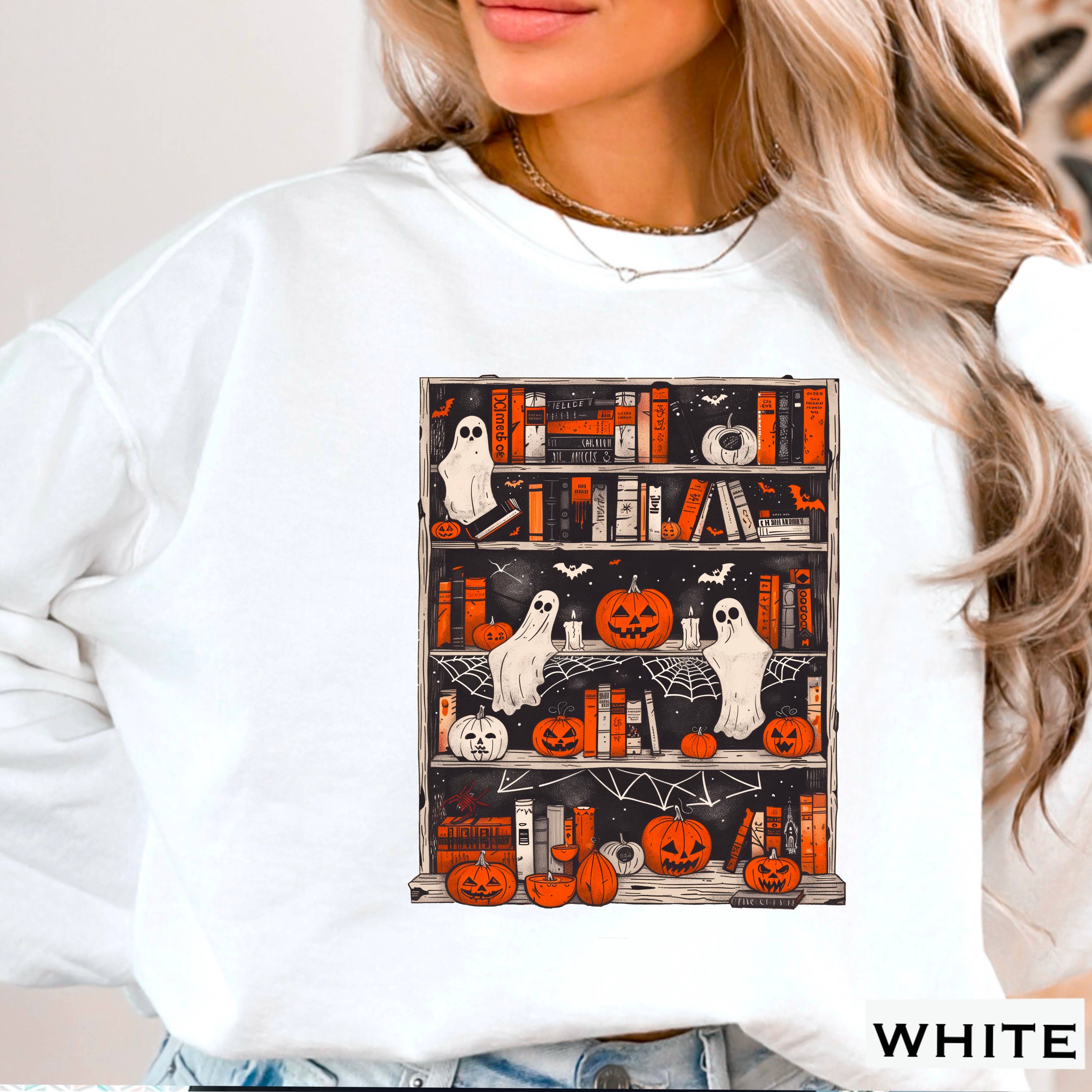 Halloween 2025 Ghost Bookcase Graphic Sweatshirt T-Shirts, Hoodie | PodTeesHub.com