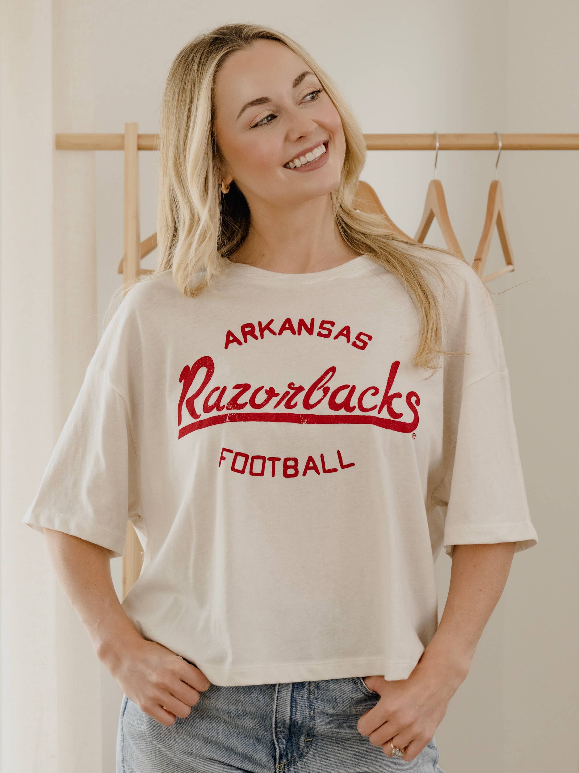 Arkansas Razorbacks Football Stencil Off White Cropped Tee Hoodie, Sweatshirt | PodTeesHub.com