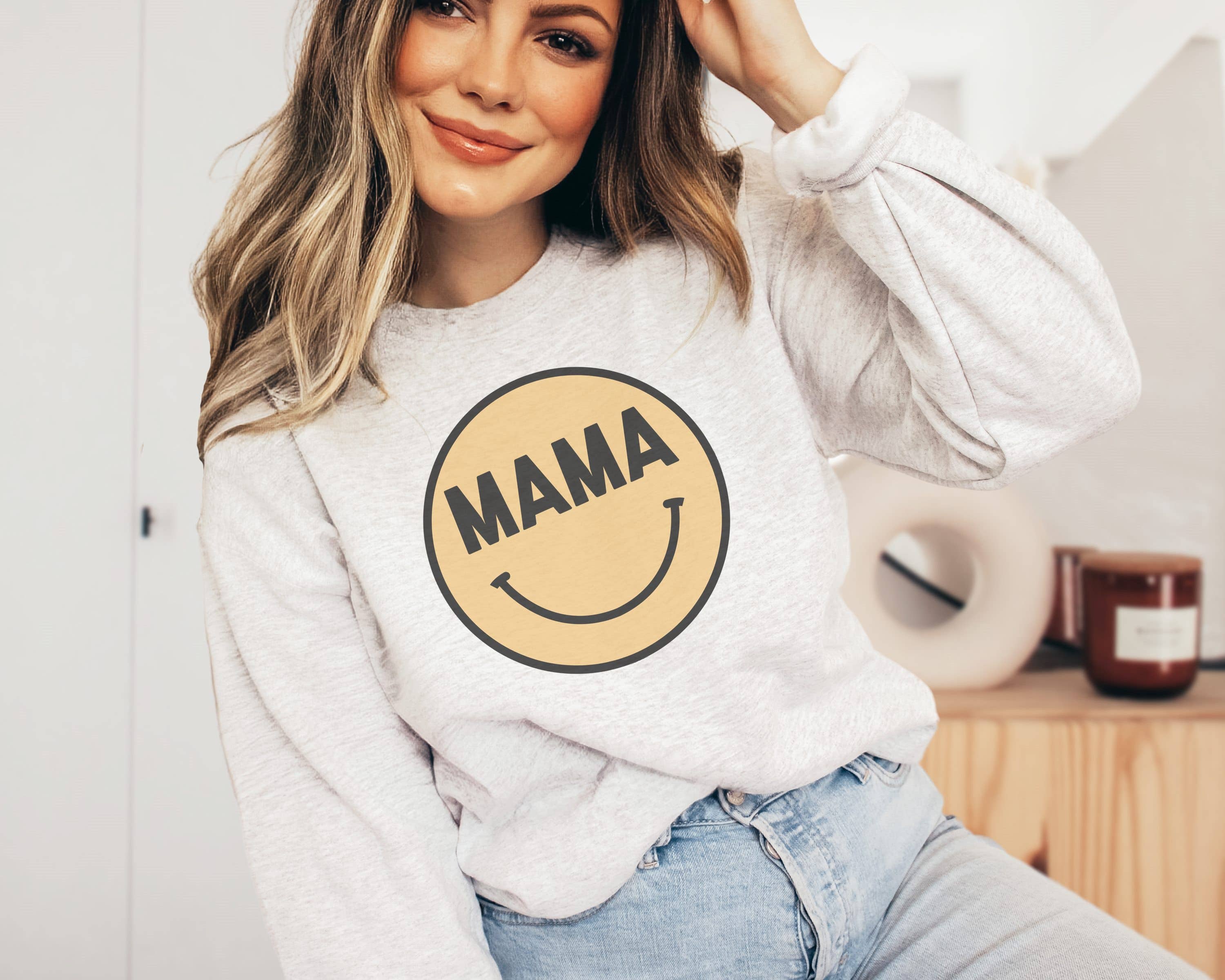 Mama Happy Face Crew Neck Sweatshirt T-Shirts, Hoodie | PodTeesHub.com
