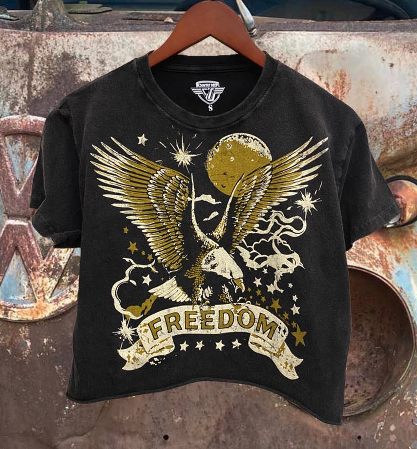 Freedom Relaxed Cropped Acid Wash T-Shirt Hoodie, Sweatshirt | PodTeesHub.com
