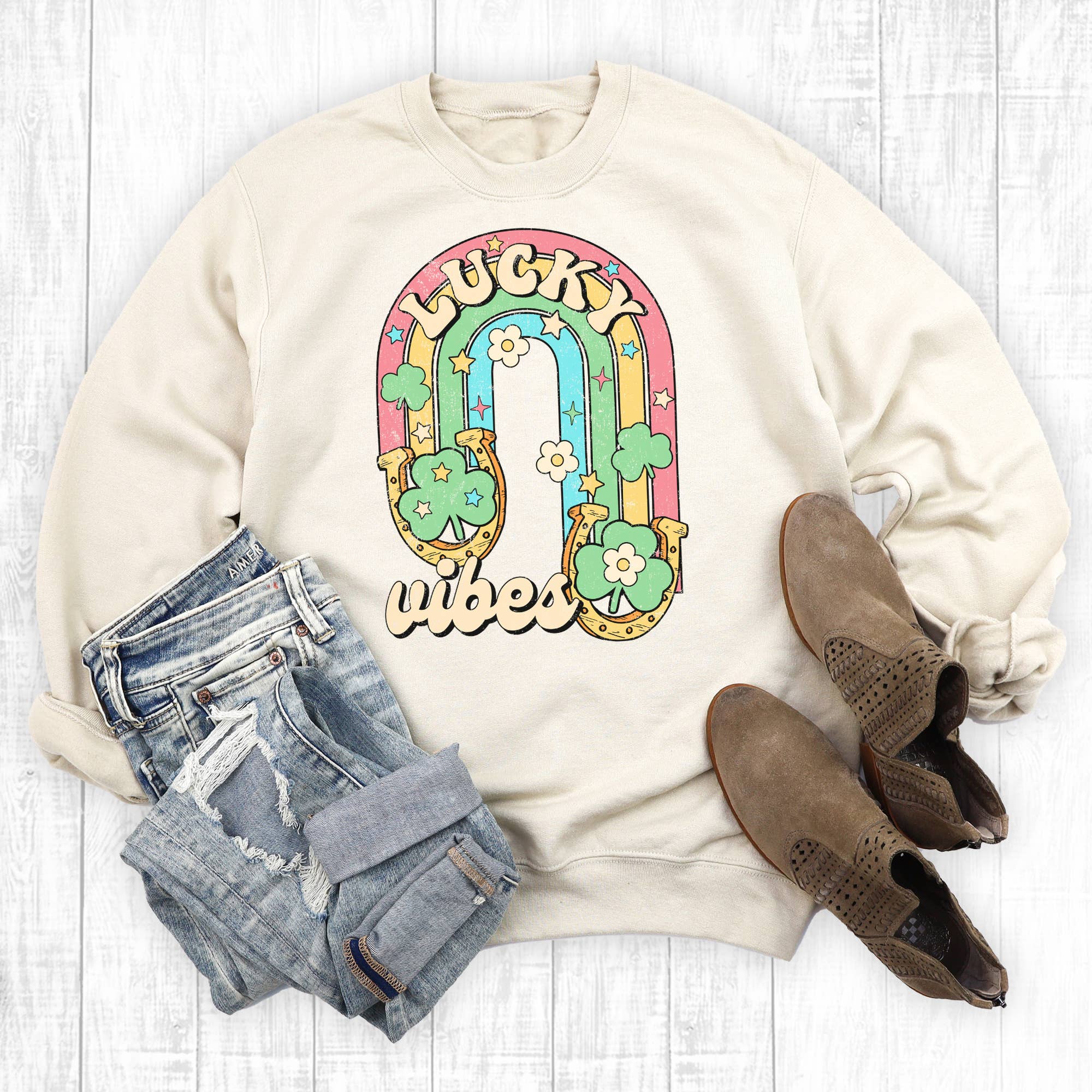 Retro St Patrick's Day Lucky Vibes Sweatshirt T-Shirts, Hoodie | PodTeesHub.com