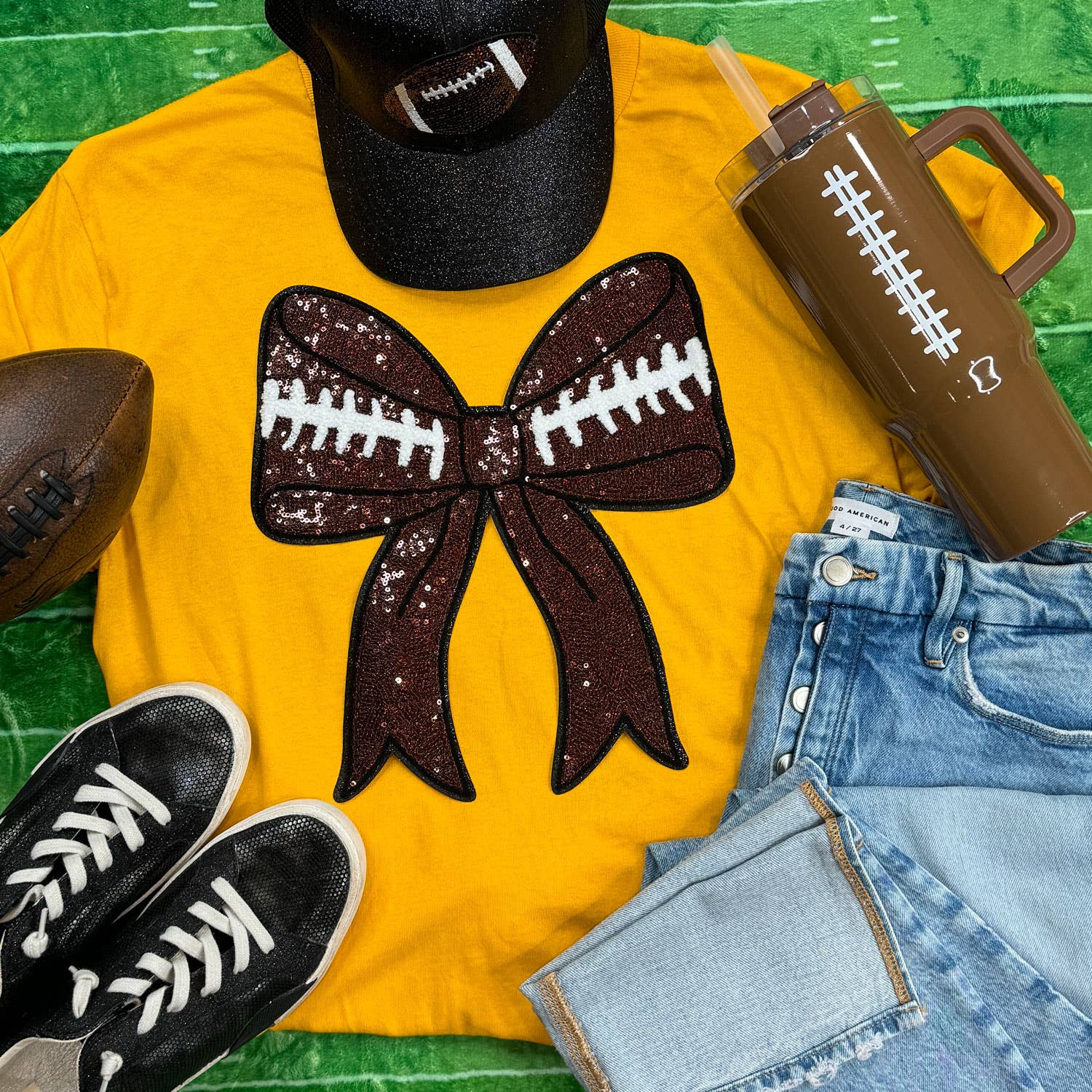 Sequins Football Bow Patch Gold Everyday Tee Hoodie, Sweatshirt | PodTeesHub.com