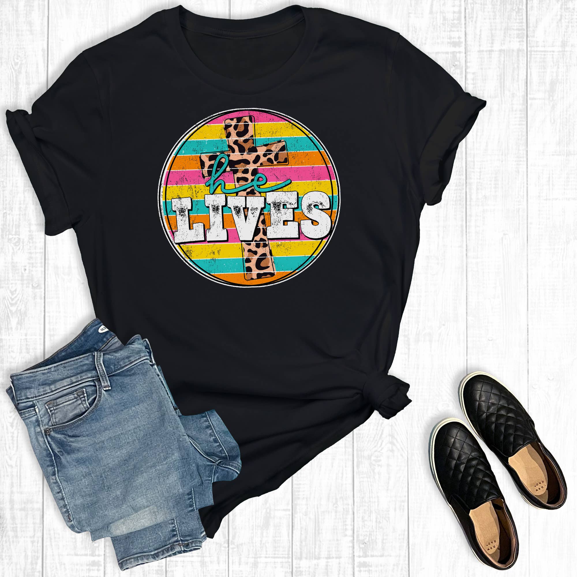 He Lives Leopard Easter Cross Graphic Tee Hoodie, Sweatshirt | PodTeesHub.com