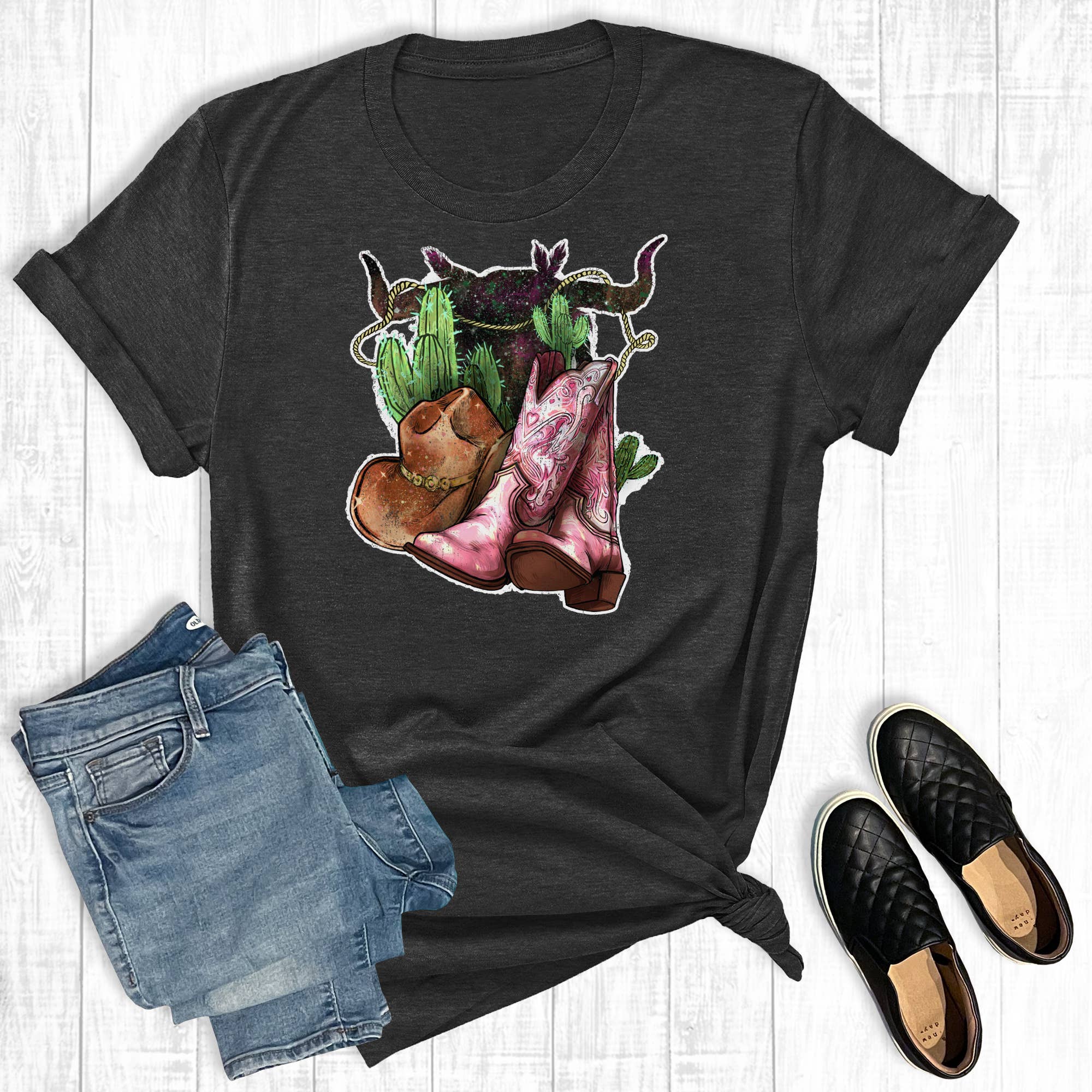 Western Cowgirl Boots Cactus Graphic Tee Hoodie, Sweatshirt | PodTeesHub.com