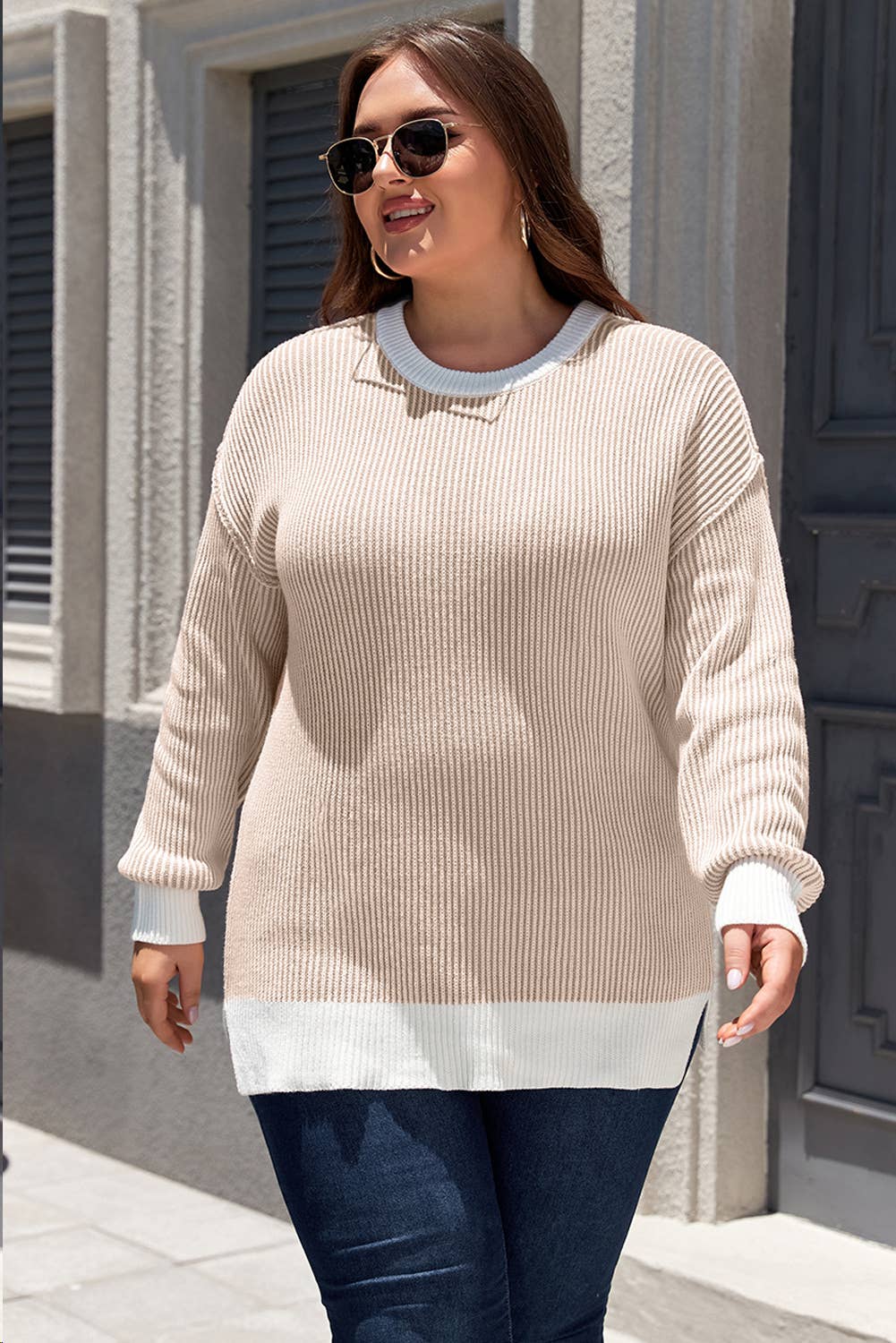 Stripe Plus Size Contrast Trim Crew Neck Rib Knit Sweater T-Shirts, Hoodie, Sweatshirt | PodTeesHub.com
