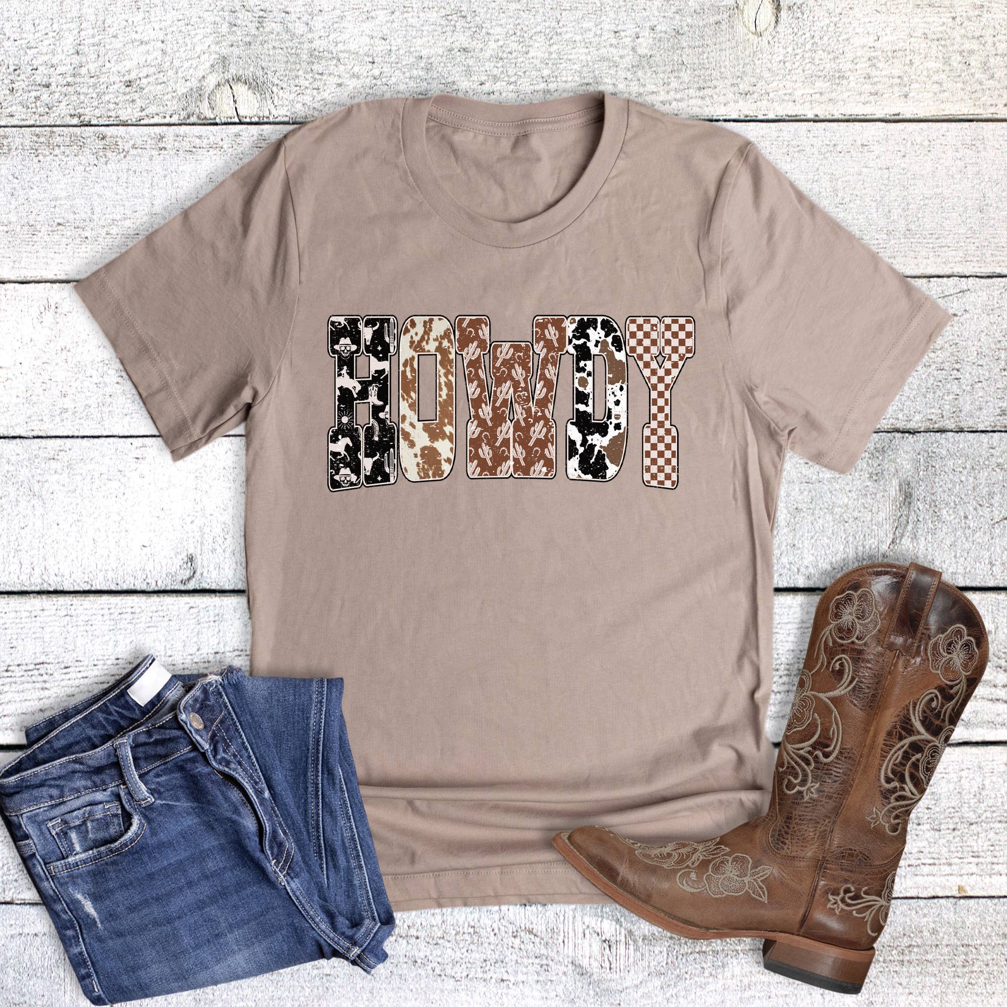 Western Multi Pattern Howdy Graphic Tee Hoodie, Sweatshirt | PodTeesHub.com