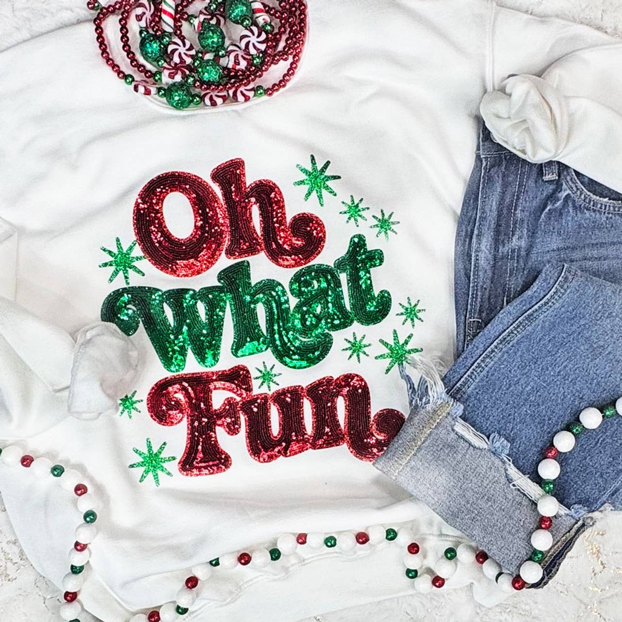 Oh What Fun Sequin Patch with Glitter Stars Sweatshirt T-Shirts, Hoodie | PodTeesHub.com