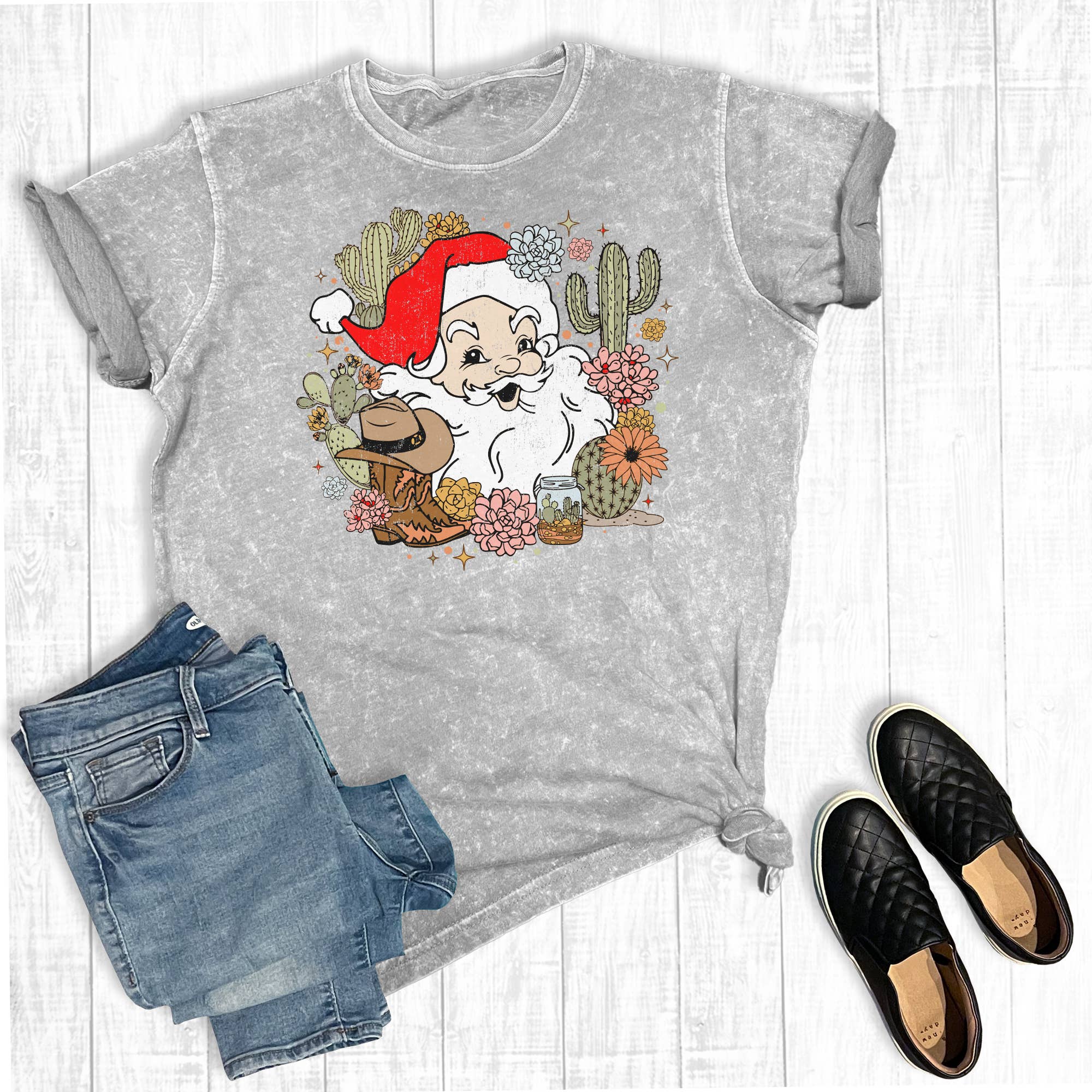 Western Cactus Santa Mineral Wash Graphic Tee Hoodie, Sweatshirt | PodTeesHub.com