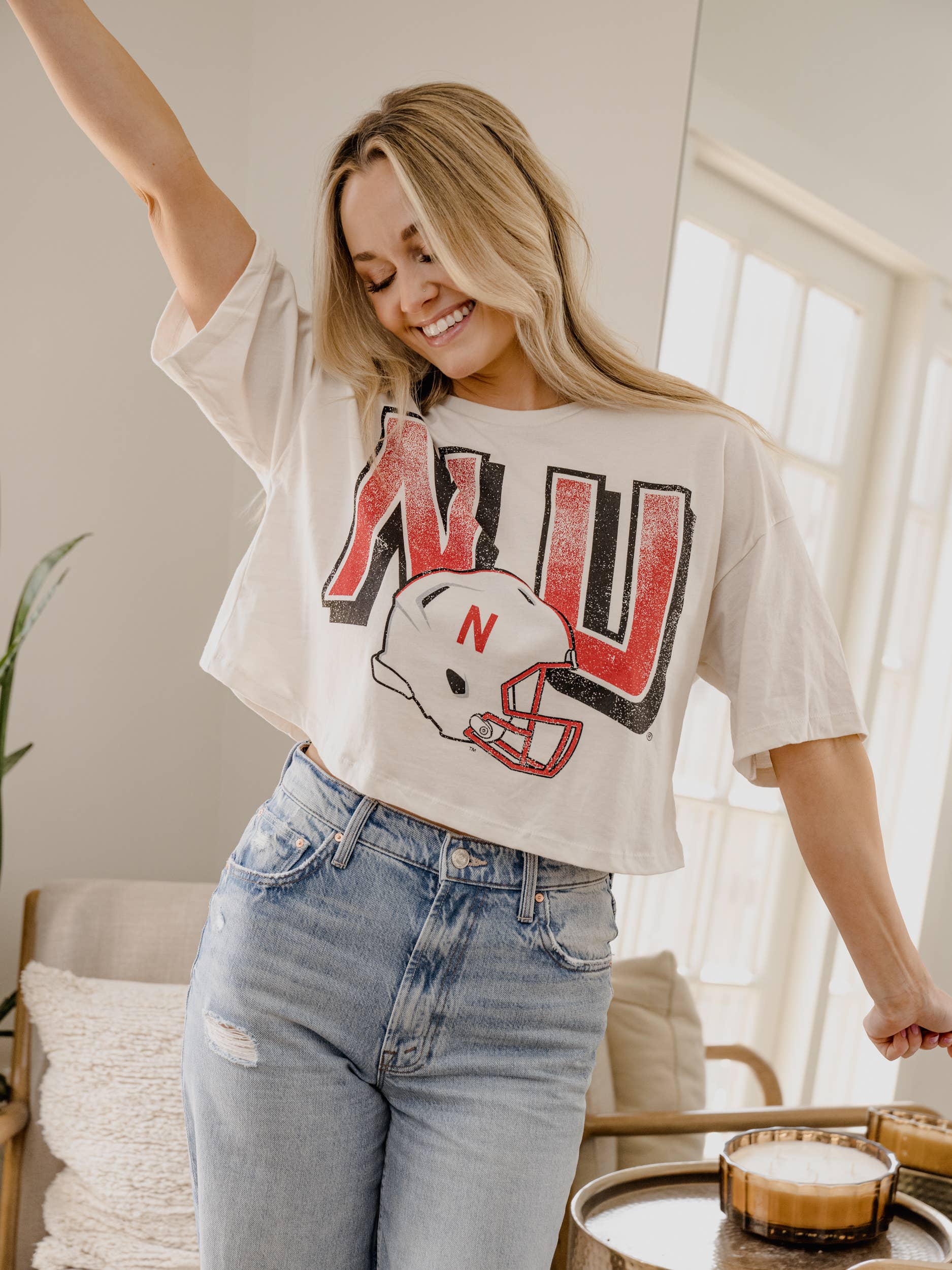 Nebraska Huskers Helmet Fade Off White Cropped Tee Hoodie, Sweatshirt | PodTeesHub.com