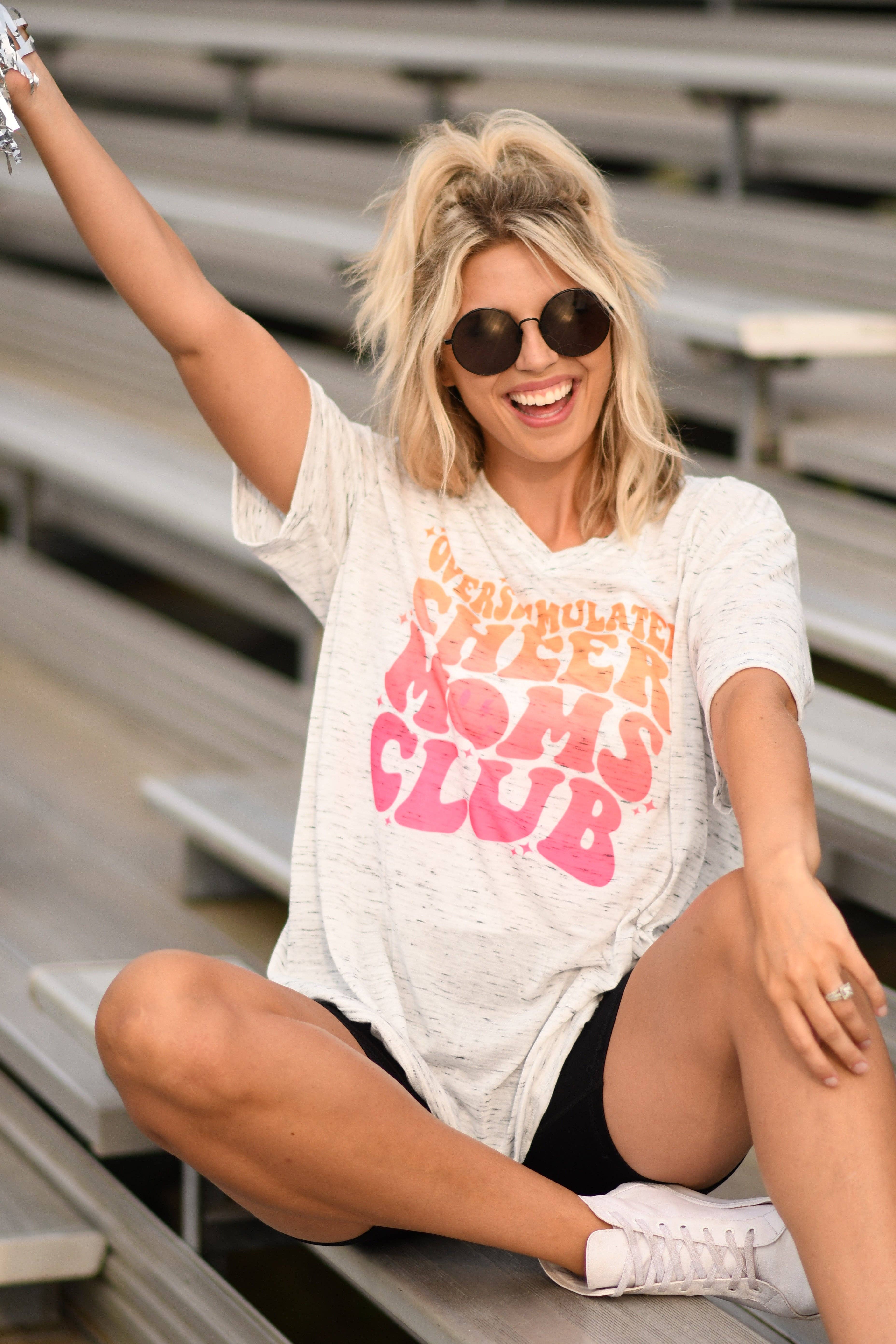 Overstimulated Cheer Moms Club V Neck Tee Hoodie, Sweatshirt | PodTeesHub.com