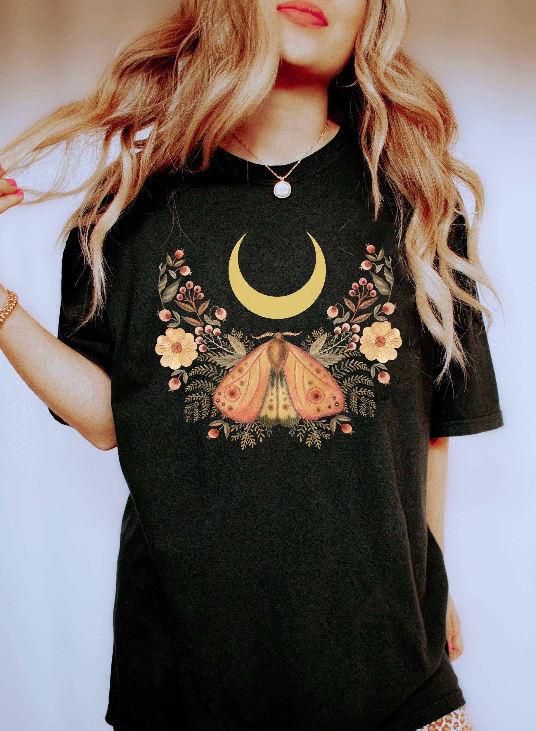 Moth Flowers and the Moon Celestial T-Shirt Hoodie, Sweatshirt | PodTeesHub.com